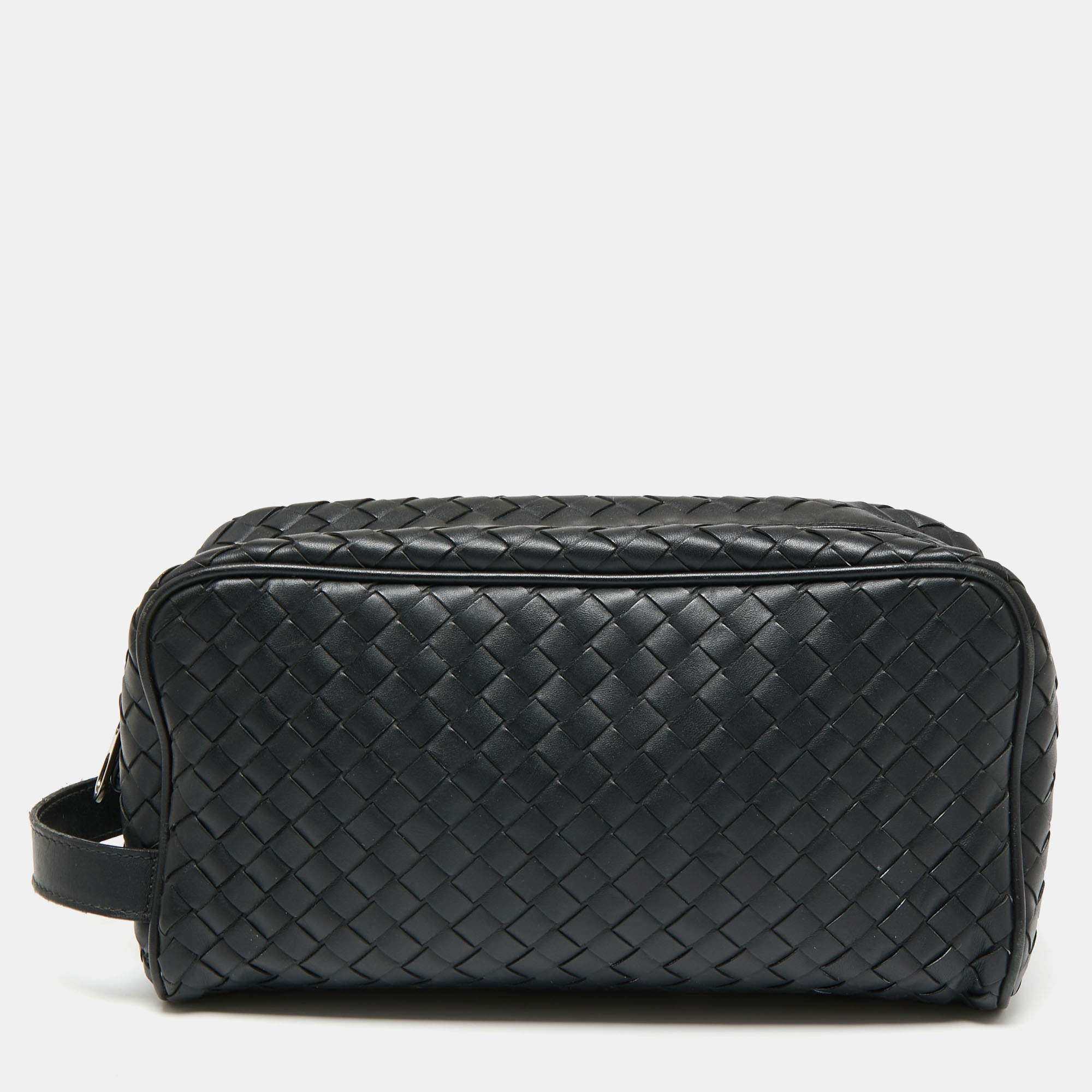 Pre Owned Bottega Veneta Black Intrecciato Leather Wash Pouch Bag