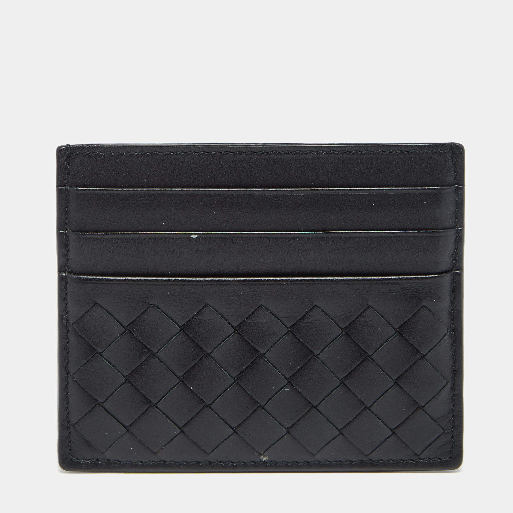 Pre Owned Bottega Veneta Black Intrecciato Leather Card Holder