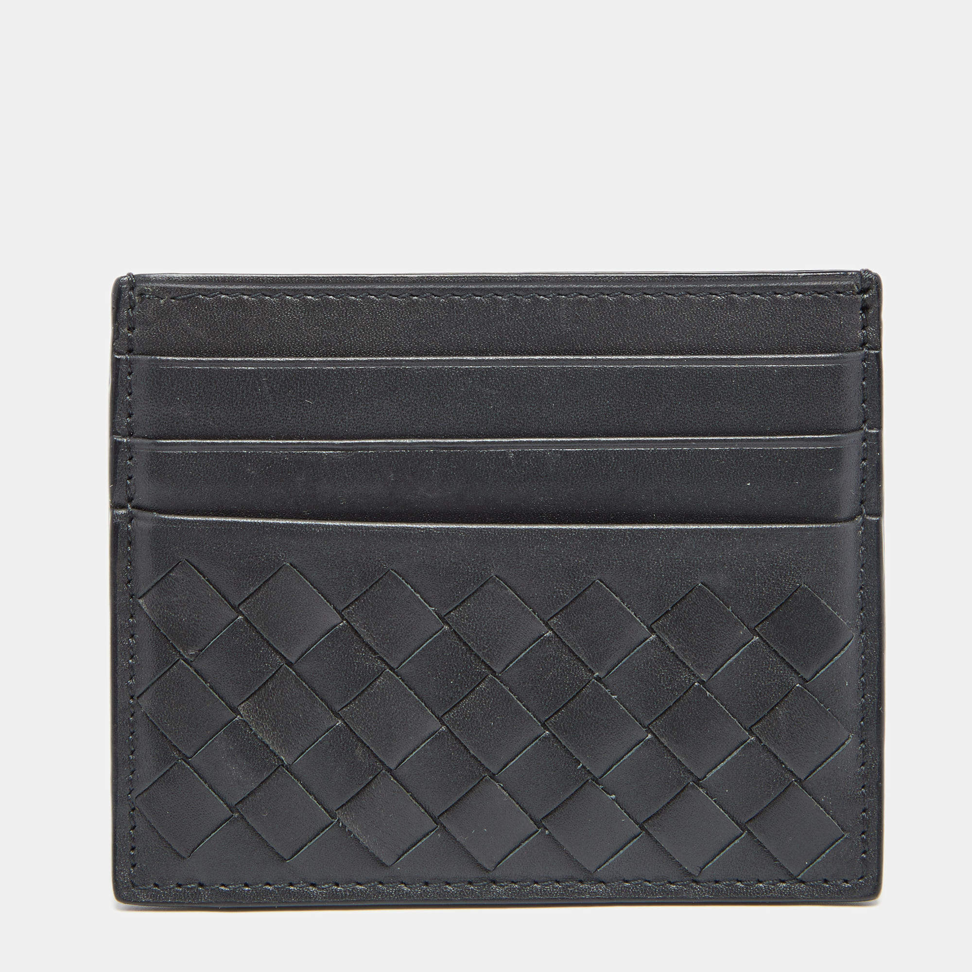 Pre Owned Bottega Veneta Dark Grey Intrecciato Leather Card Holder