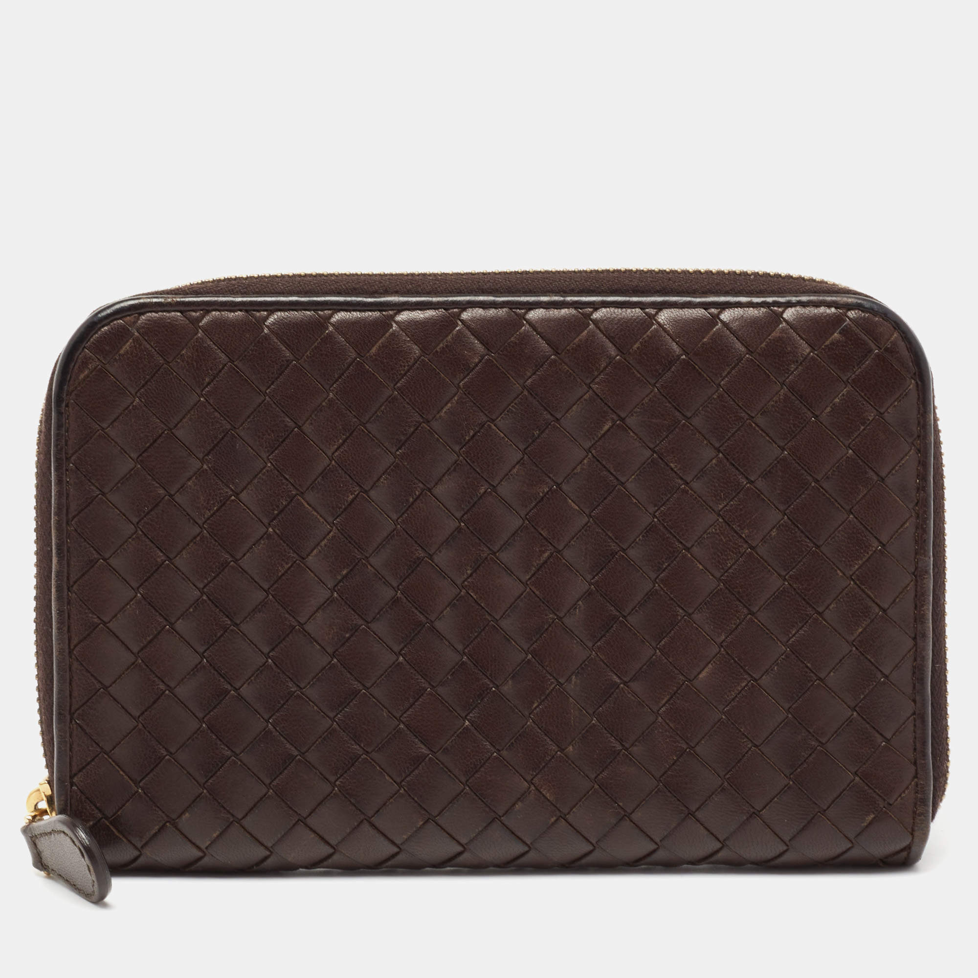 Pre Owned Bottega Veneta Dark Brown Intrecciato Leather Zip Around Wallet Organizer