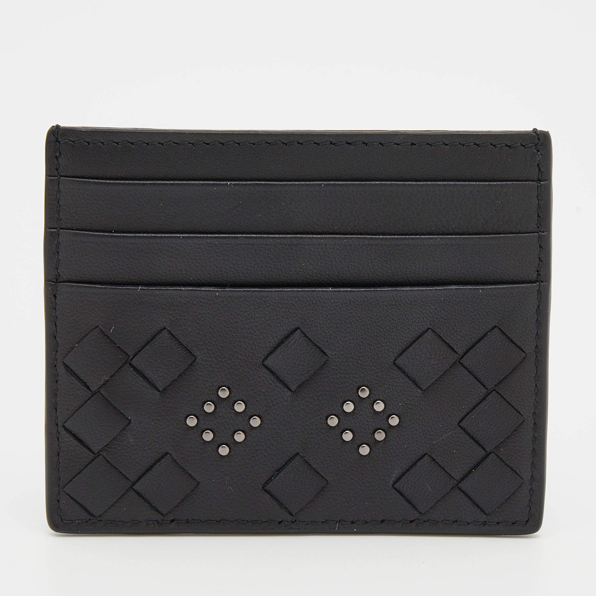 Pre Owned Bottega Veneta Black Intrecciato Leather Studded Card Holder
