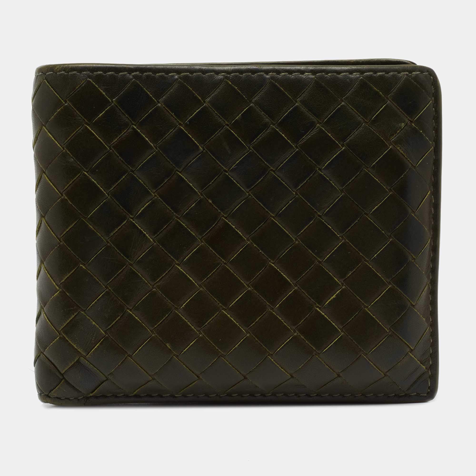Pre Owned Bottega Veneta Olive Green Intrecciato Leather Bifold Wallet