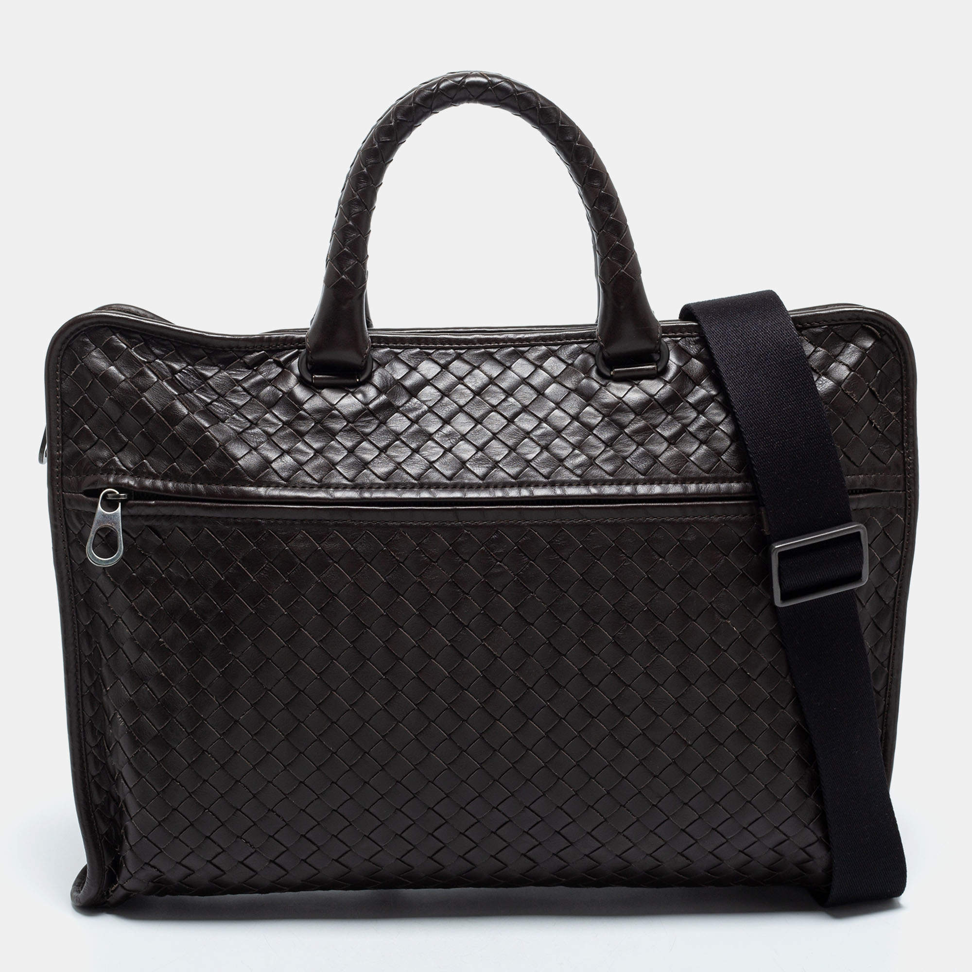 Pre Owned Bottega Veneta Dark Brown Intrecciato Leather Brief Laptop Bag