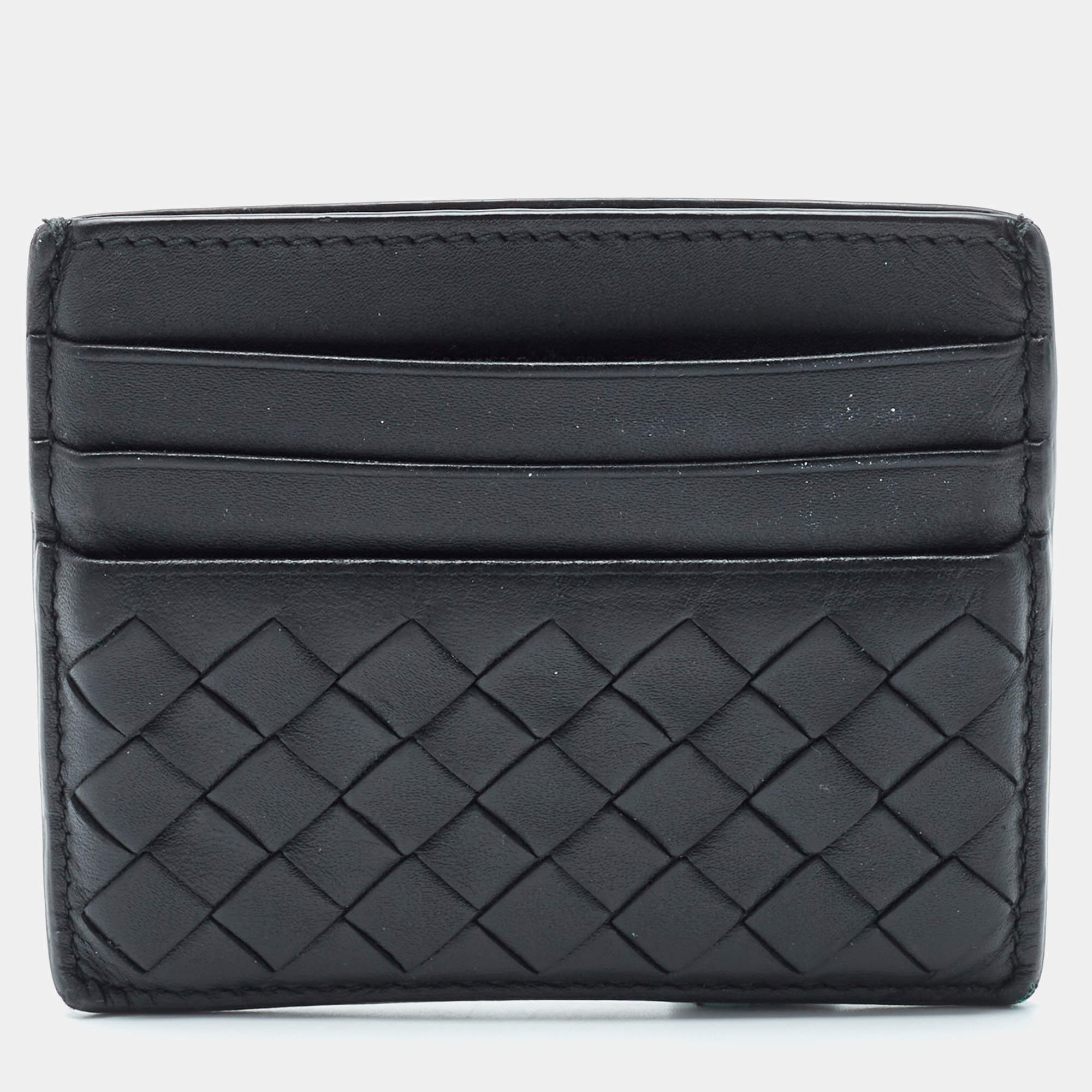 Pre Owned Bottega Veneta Black Intrecciato Leather Card Holder