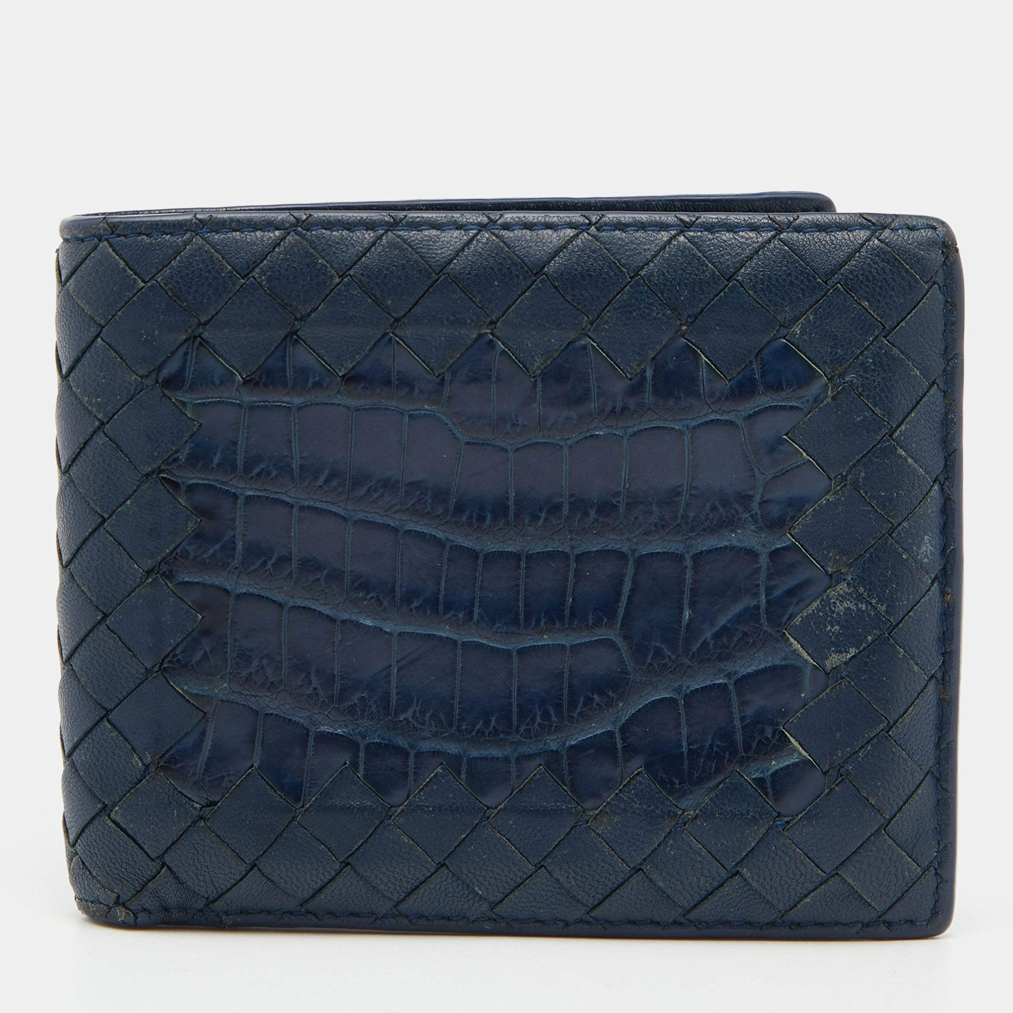 Pre Owned Bottega Veneta Blue Intrecciato Leather and Crocodile Bifold Wallet