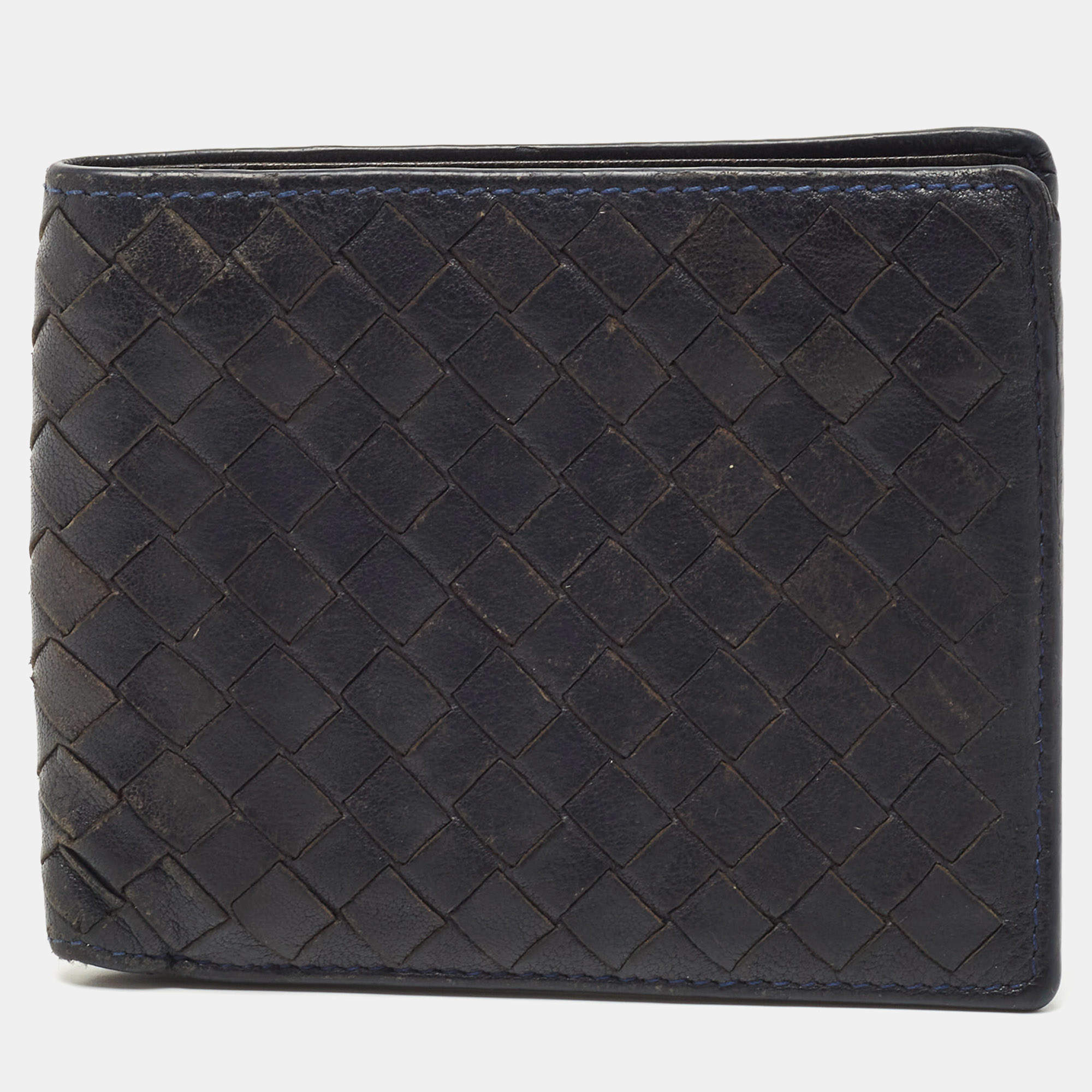 Pre Owned Bottega Veneta Navy Blue Intrecciato Leather Bifold Wallet
