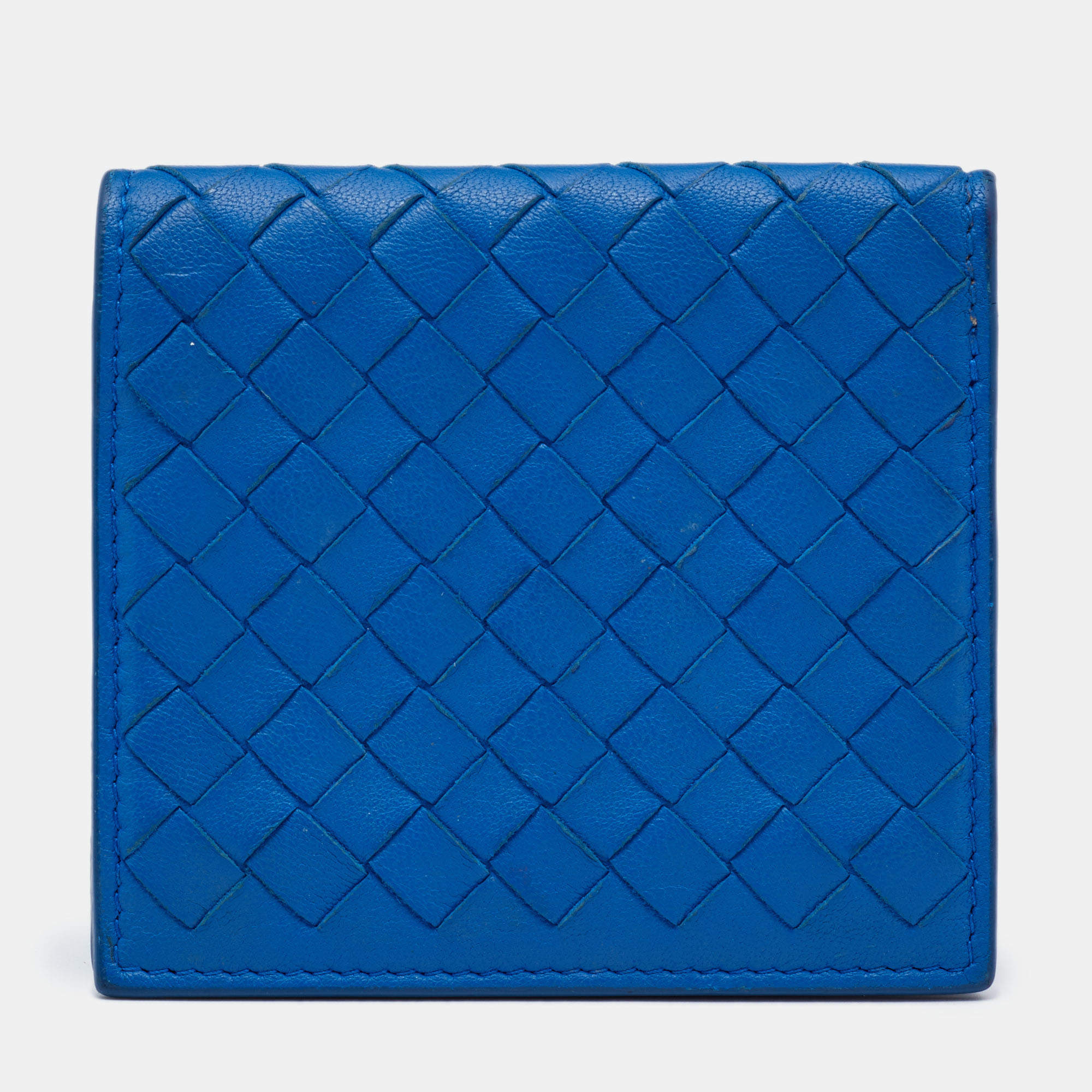 Pre Owned Bottega Veneta Blue Intrecciato Leather Bifold Card Case