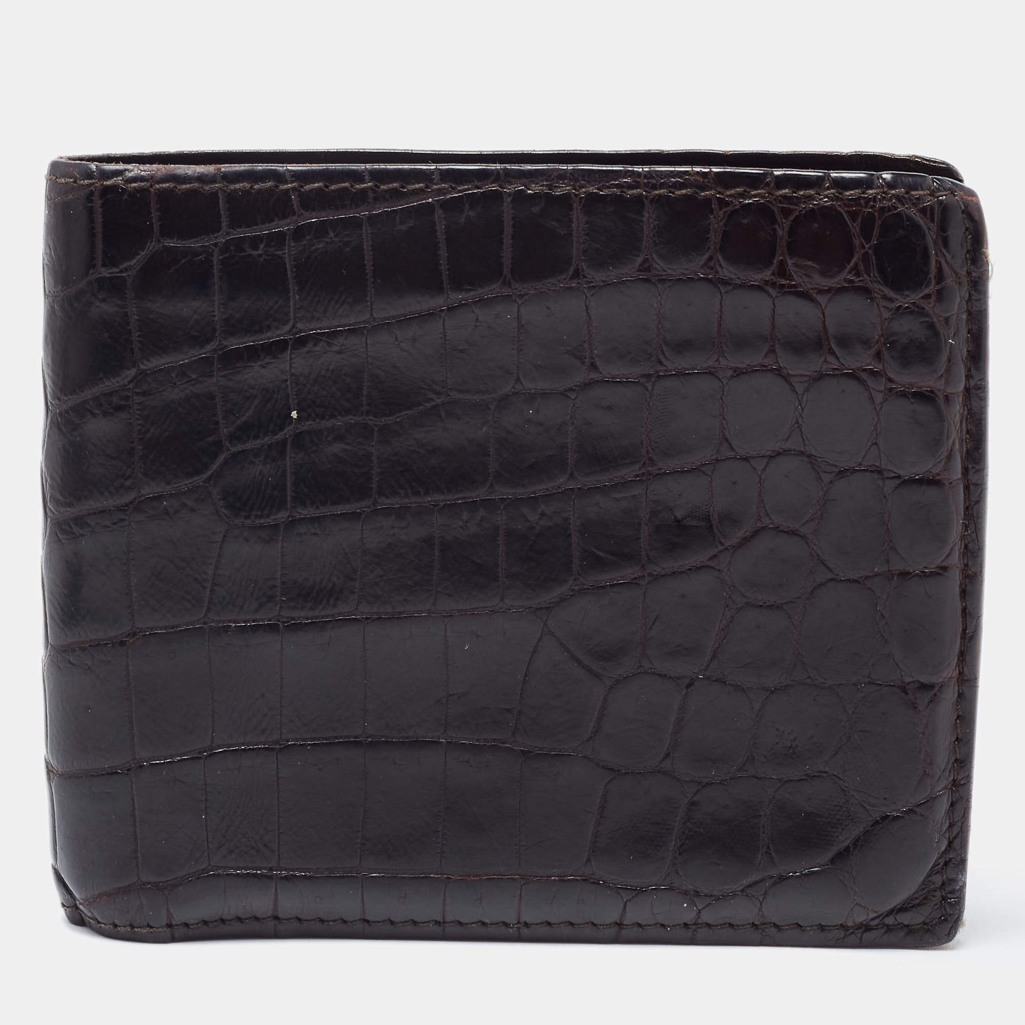 Pre Owned Bottega Veneta Dark Brown Crocodile Bifold Wallet