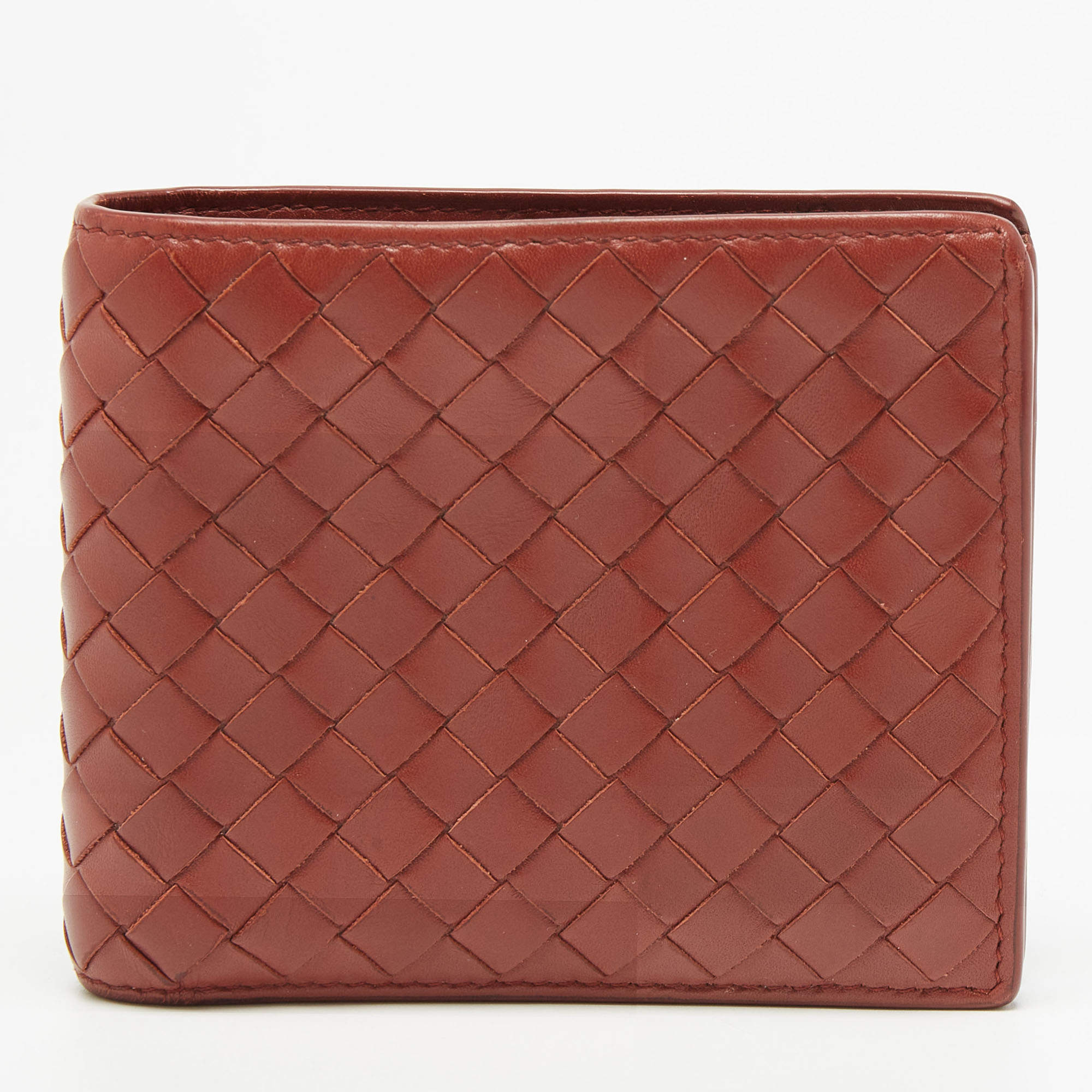 Pre Owned Bottega Veneta Rust Intrecciato Leather Bifold Wallet