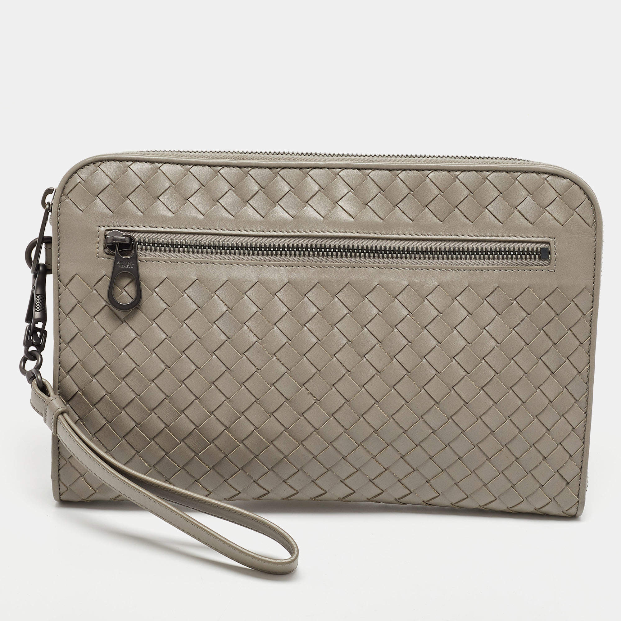 Bottega Veneta Grey Intrecciato Leather Wristlet Clutch 