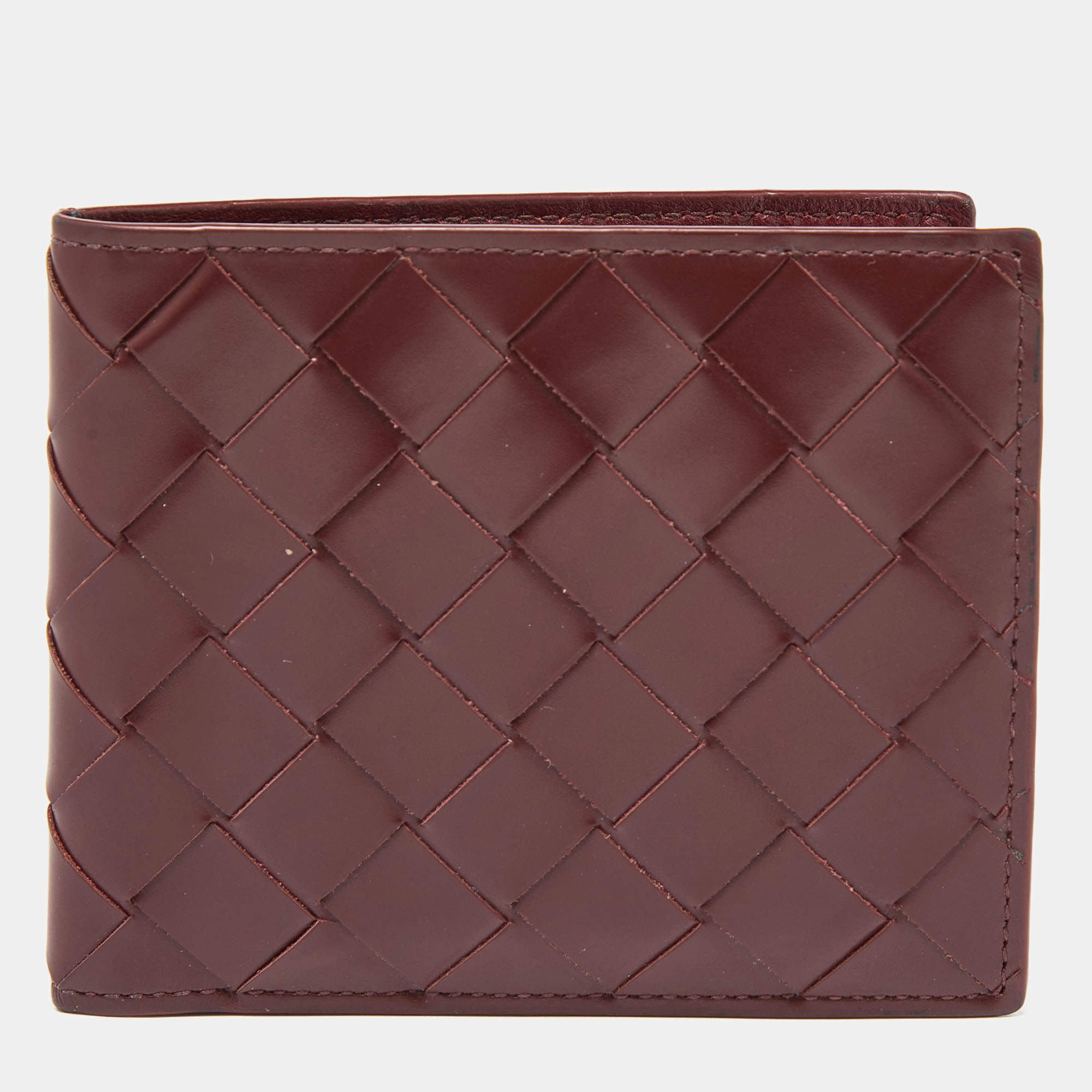 Pre Owned Bottega Veneta Burgundy Intrecciato Leather Bifold Wallet