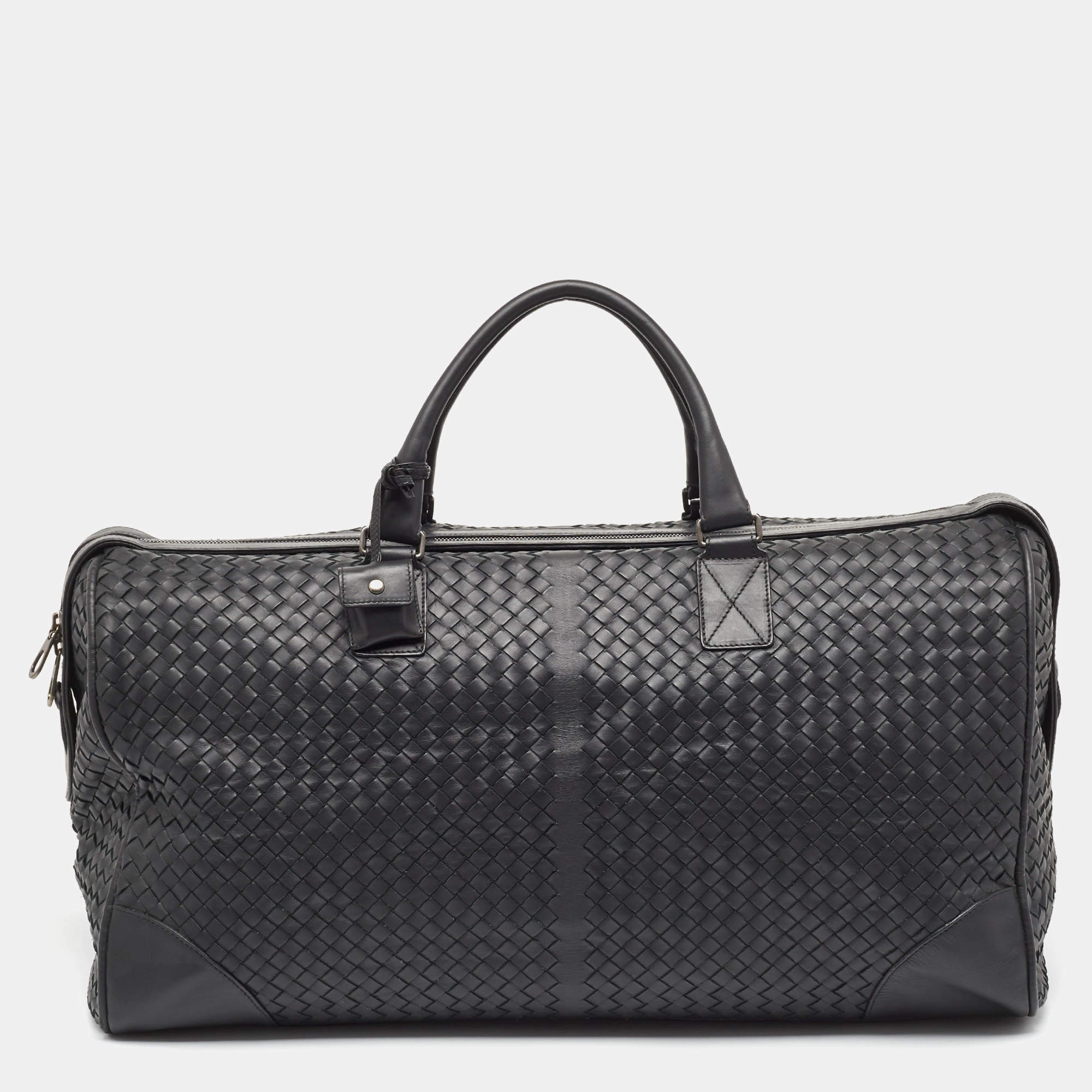 Pre Owned Bottega Veneta Black Intrecciato Leather Duffel Bag