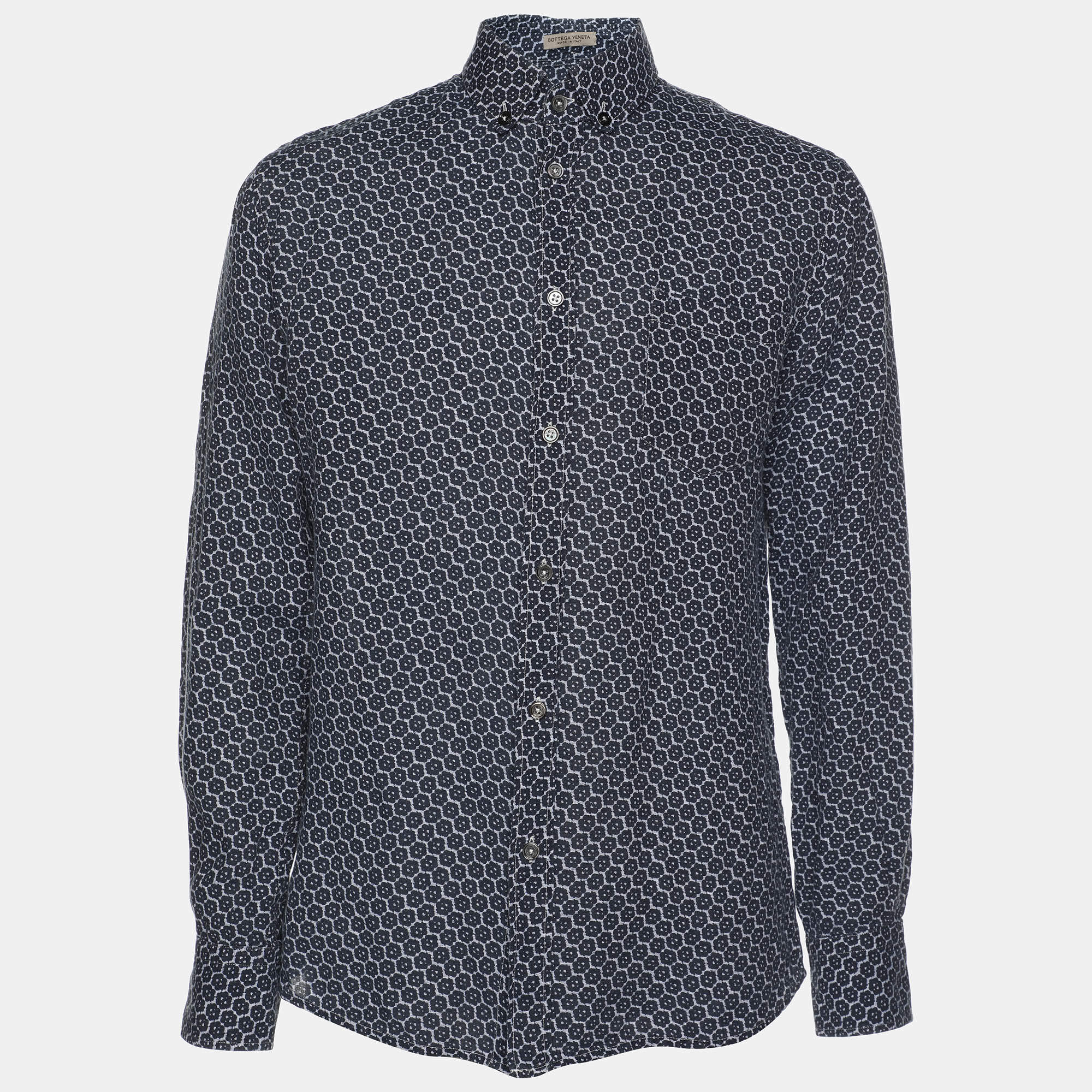Pre Owned Bottega Veneta Blue Printed Long Sleeve Button Front Shirt M