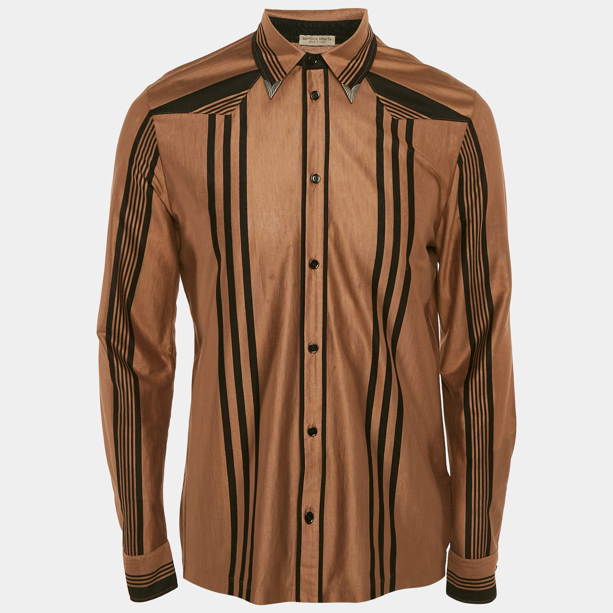 Bottega Veneta Brown Striped Cotton Knit Button Front Shirt L