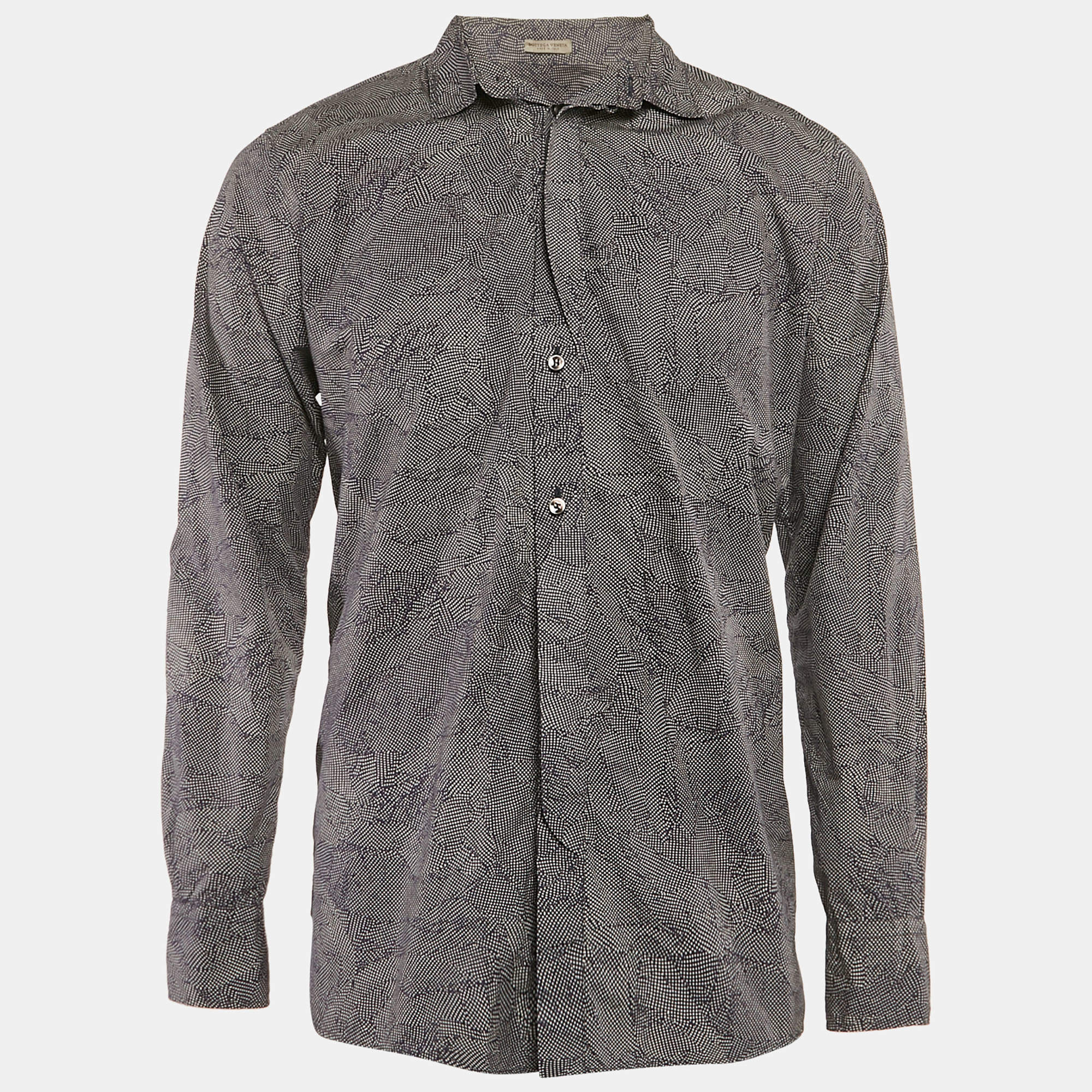 Pre Owned Bottega Veneta Navy Blue Printed Cotton Long Sleeve Shirt L