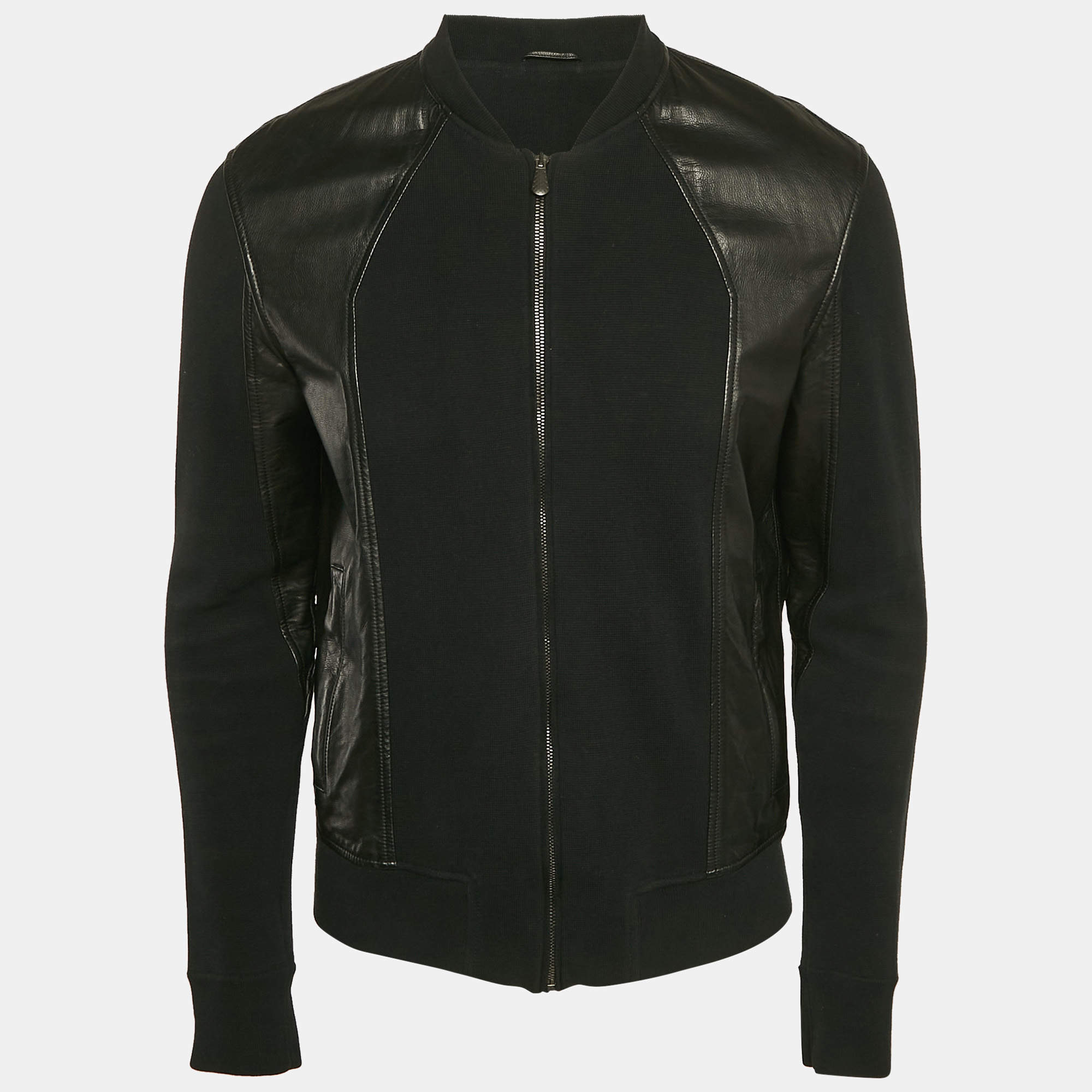 Bottega Veneta Black Leather and Knit Zip-UP Jacket XL