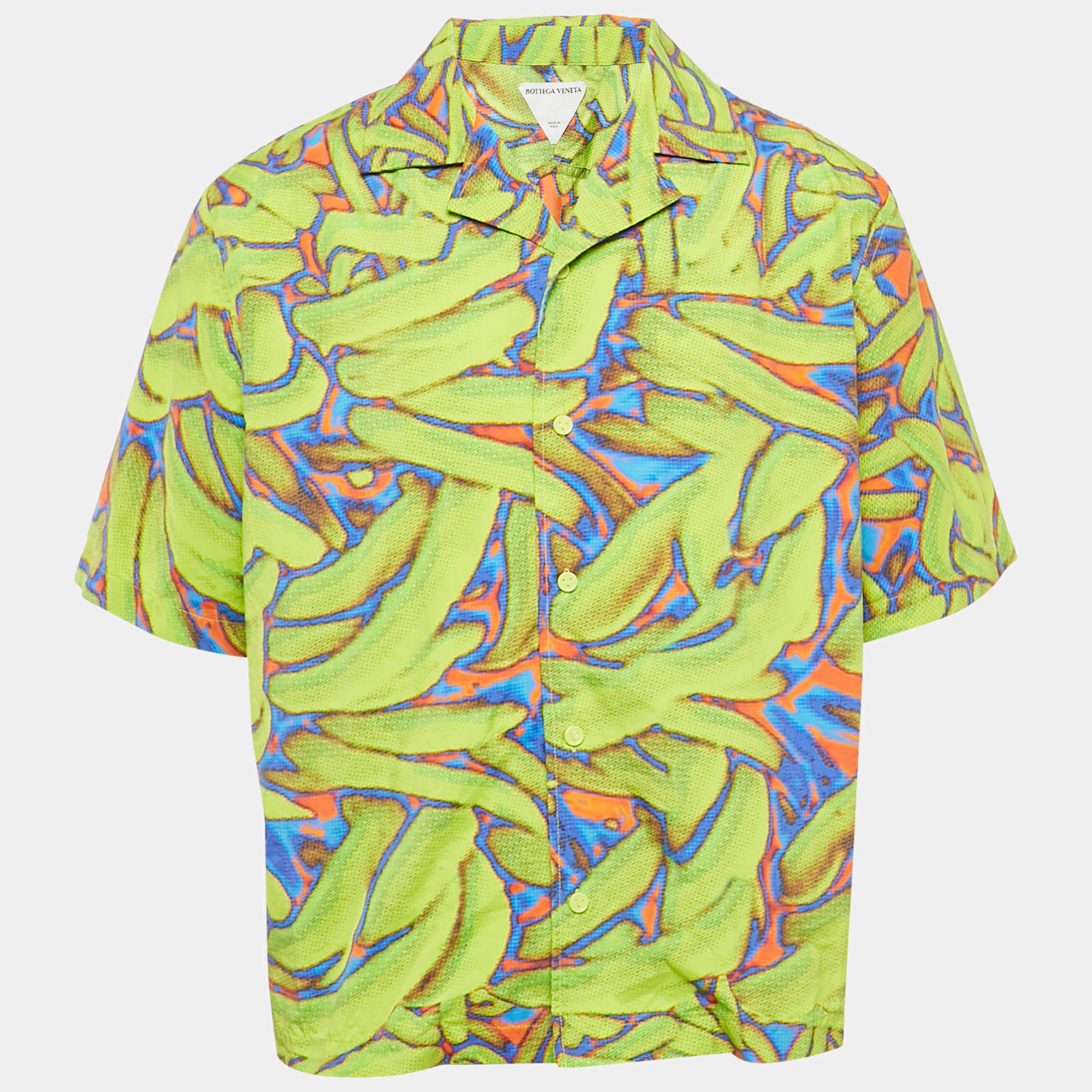 Bottega Veneta Neon Green Printed Synthetic Short Sleeve Shirt L