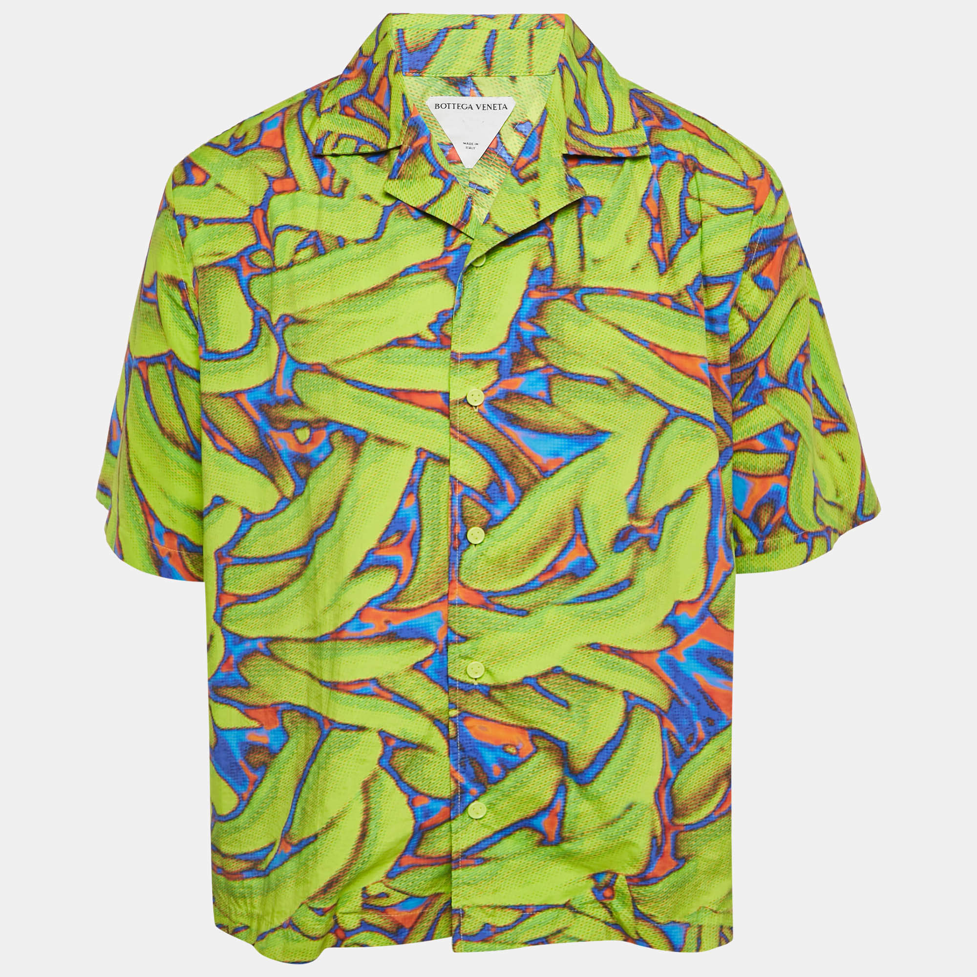 Pre Owned Bottega Veneta Neon Green Printed Synthetic Short Sleeve Shirt L