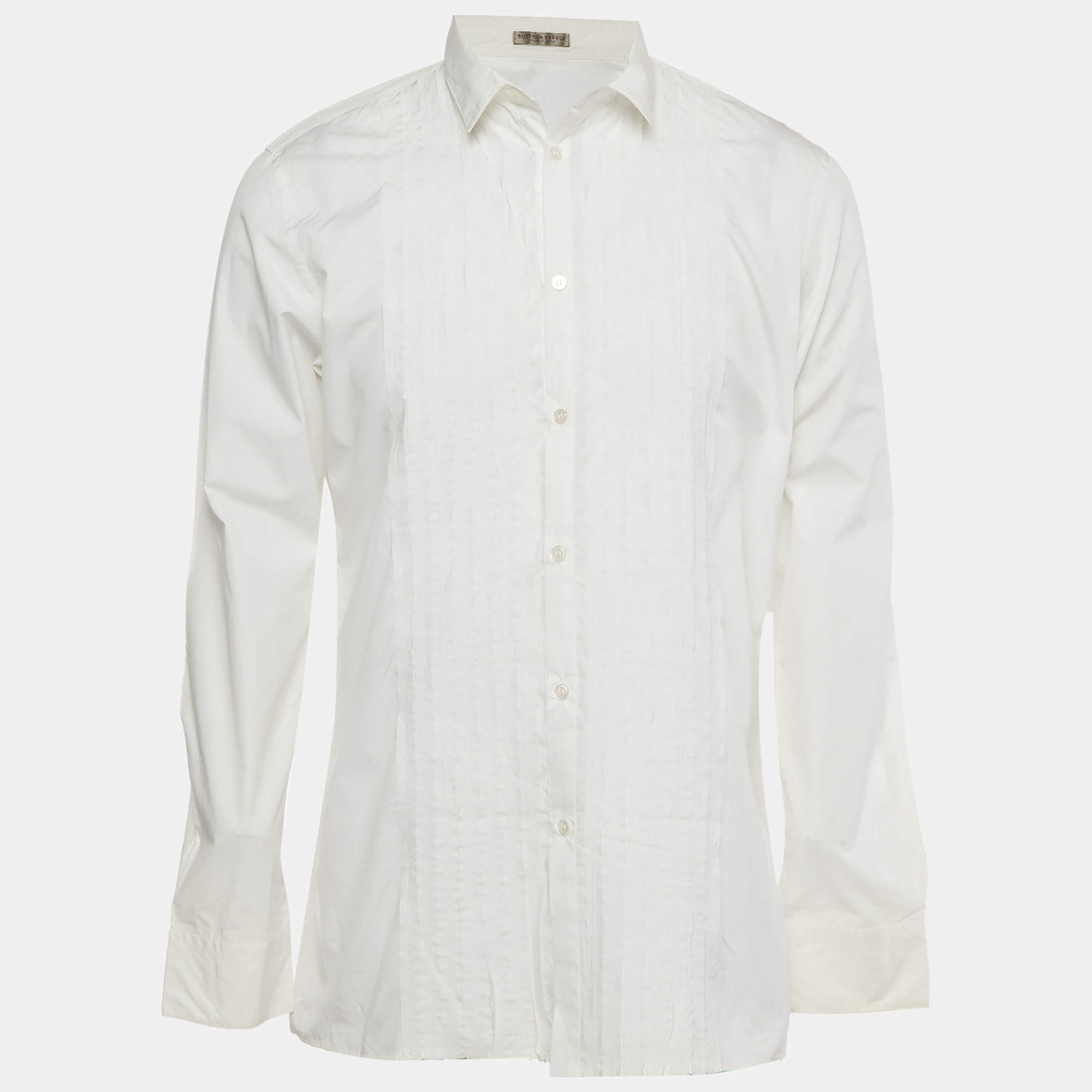 Pre Owned Bottega Veneta White Pintuck Effect Cotton Shirt L