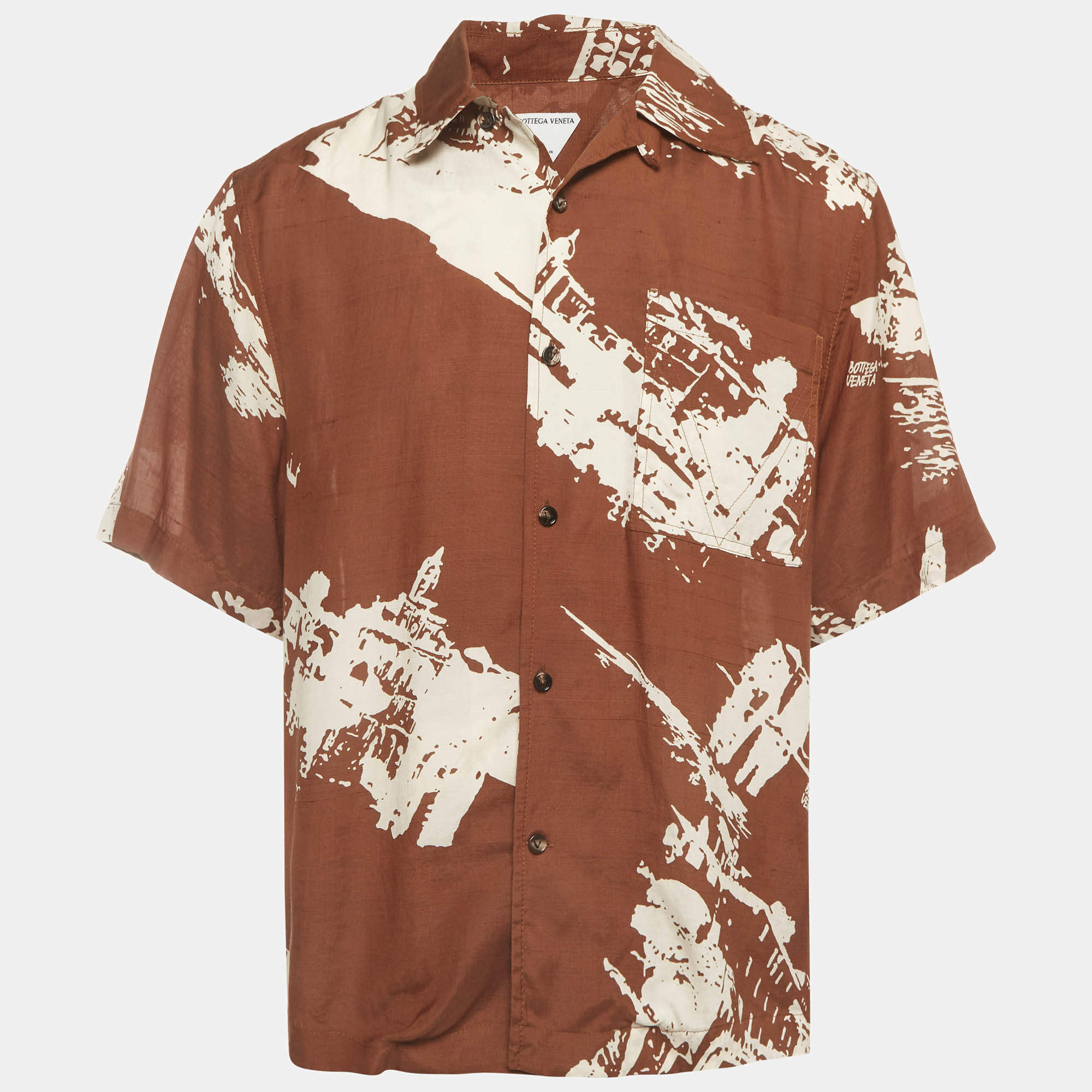 Pre Owned Bottega Veneta Brown Italian Postcard Print Silk Blend Bowling Shirt M