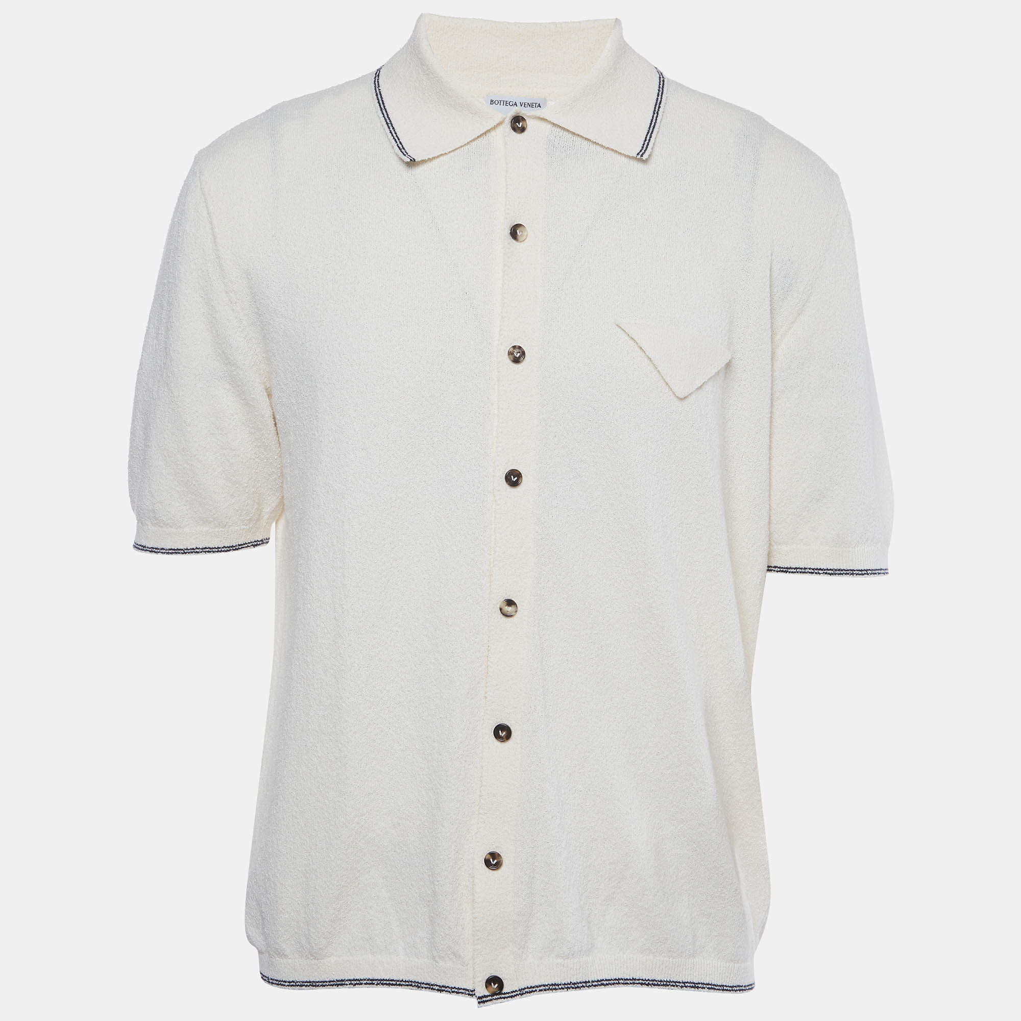 Pre Owned Bottega Veneta White Bouclé Knit Button-Up Shirt S