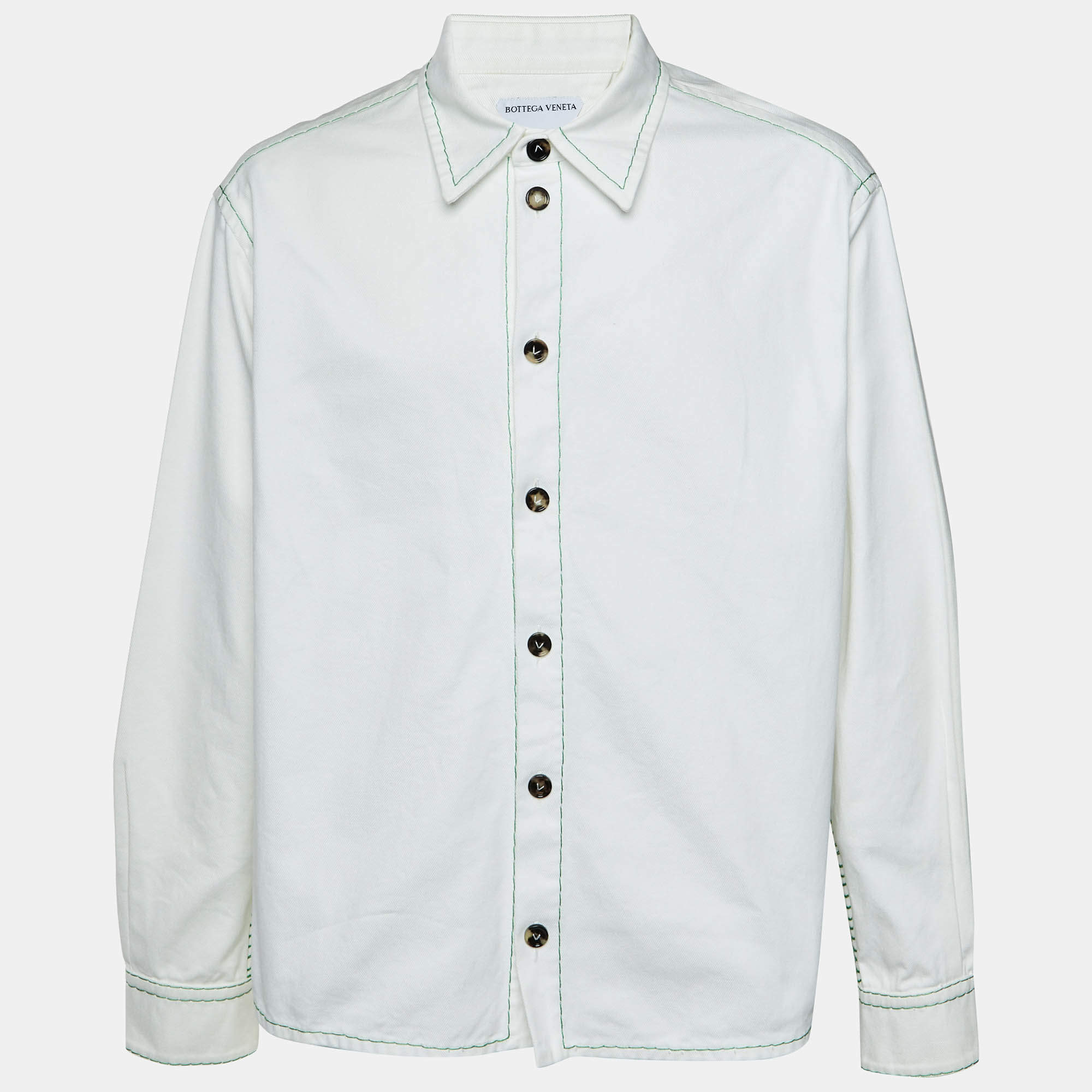 مملوكة مسبقًا Bottega Veneta White Cotton Denim Contrast Stitch Detail Overshirt XXL
