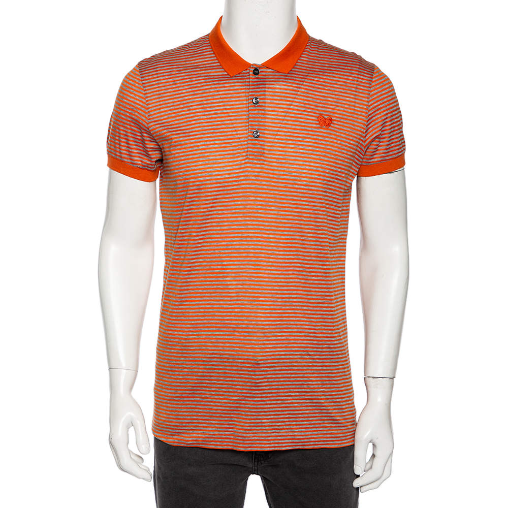 Pre Owned Bottega Veneta Orange & Grey Cotton Striped Polo T Shirt L
