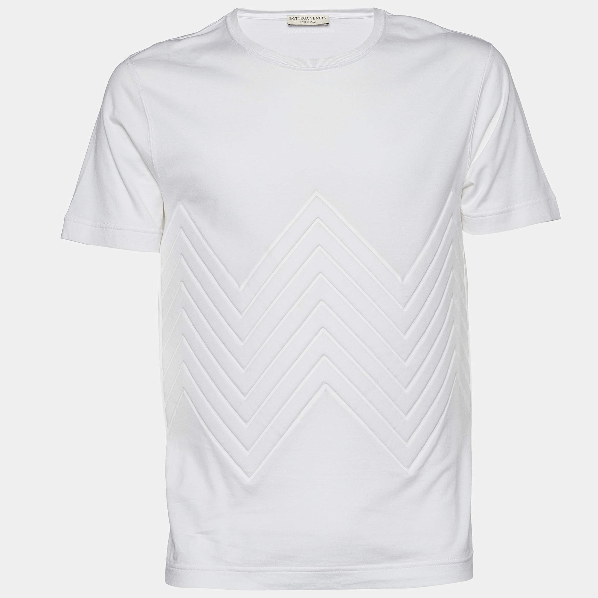 Bottega Veneta White Cotton Embossed Zig Zag Crew Neck T-Shirt S