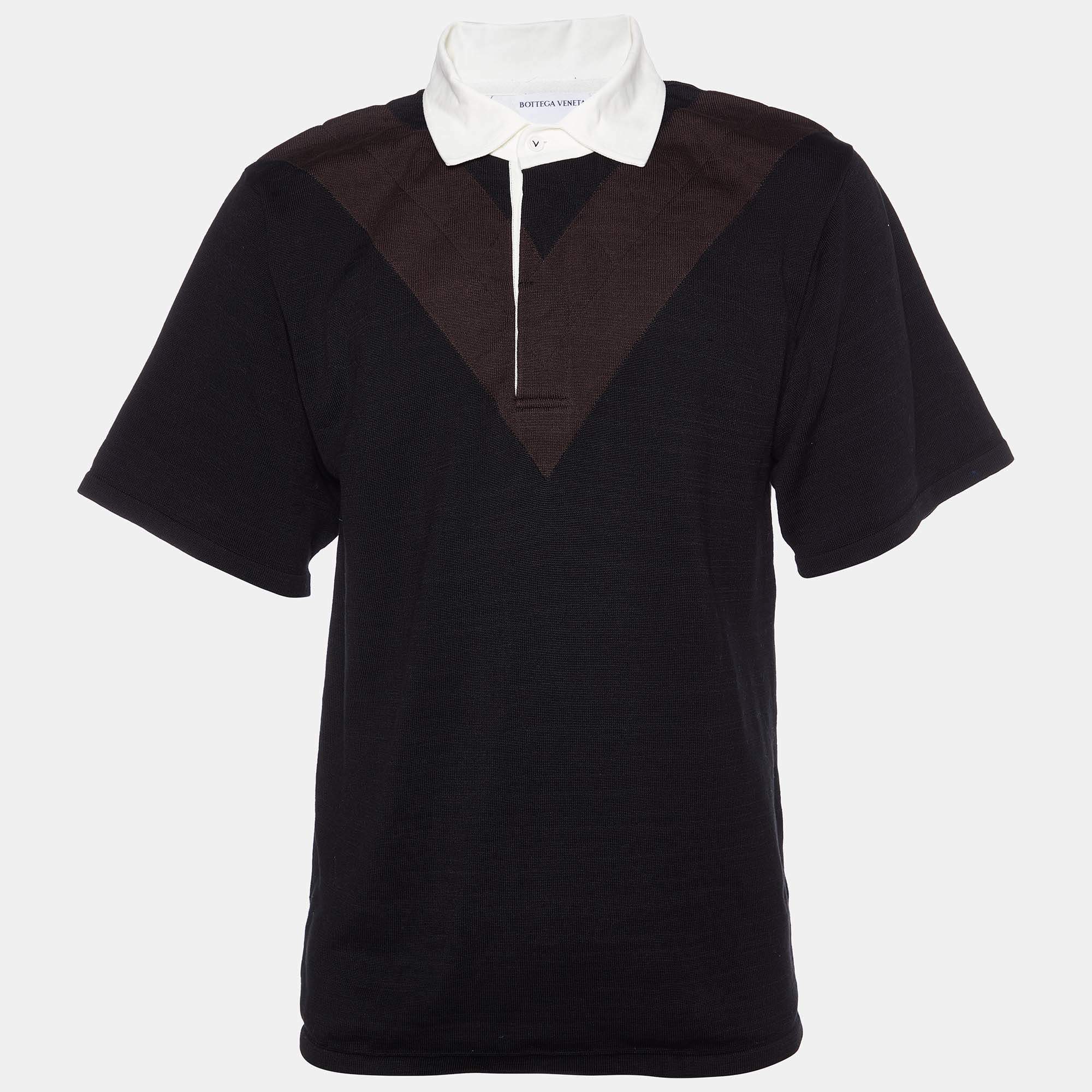 Bottega Veneta Black & Brown Cotton Knit Contrast Collar Polo T-Shirt L