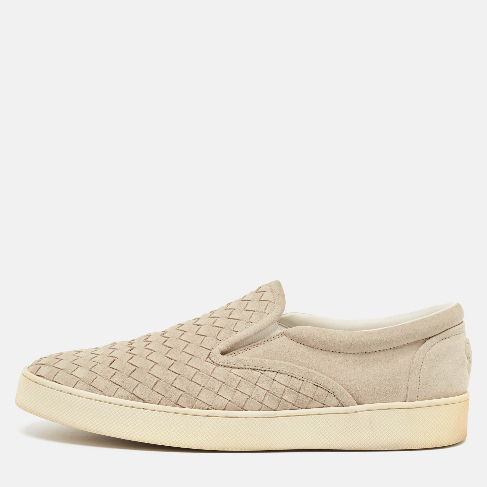 Pre Owned Bottega Veneta Grey Suede Intrecciato Slip On Sneakers Size 45