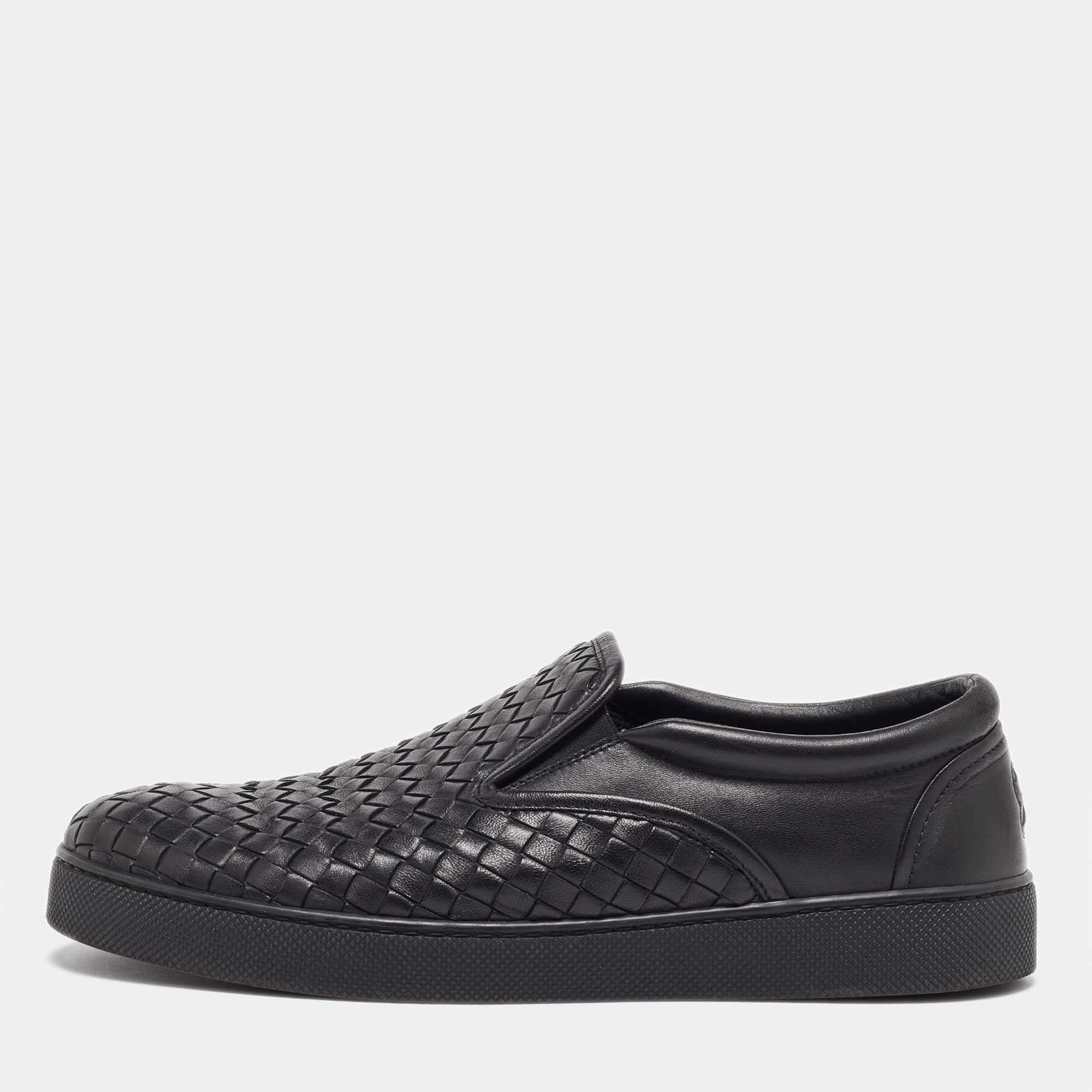 Pre Owned Bottega Veneta Black Intrecciato Leather Slip On Sneakers Size 42