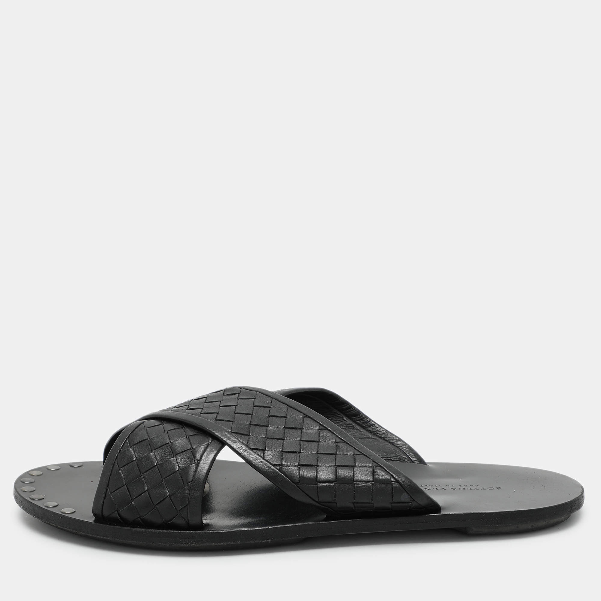 Pre Owned Bottega Veneta Black Intrecciato Leather Criss Cross Flat Slides Size 43