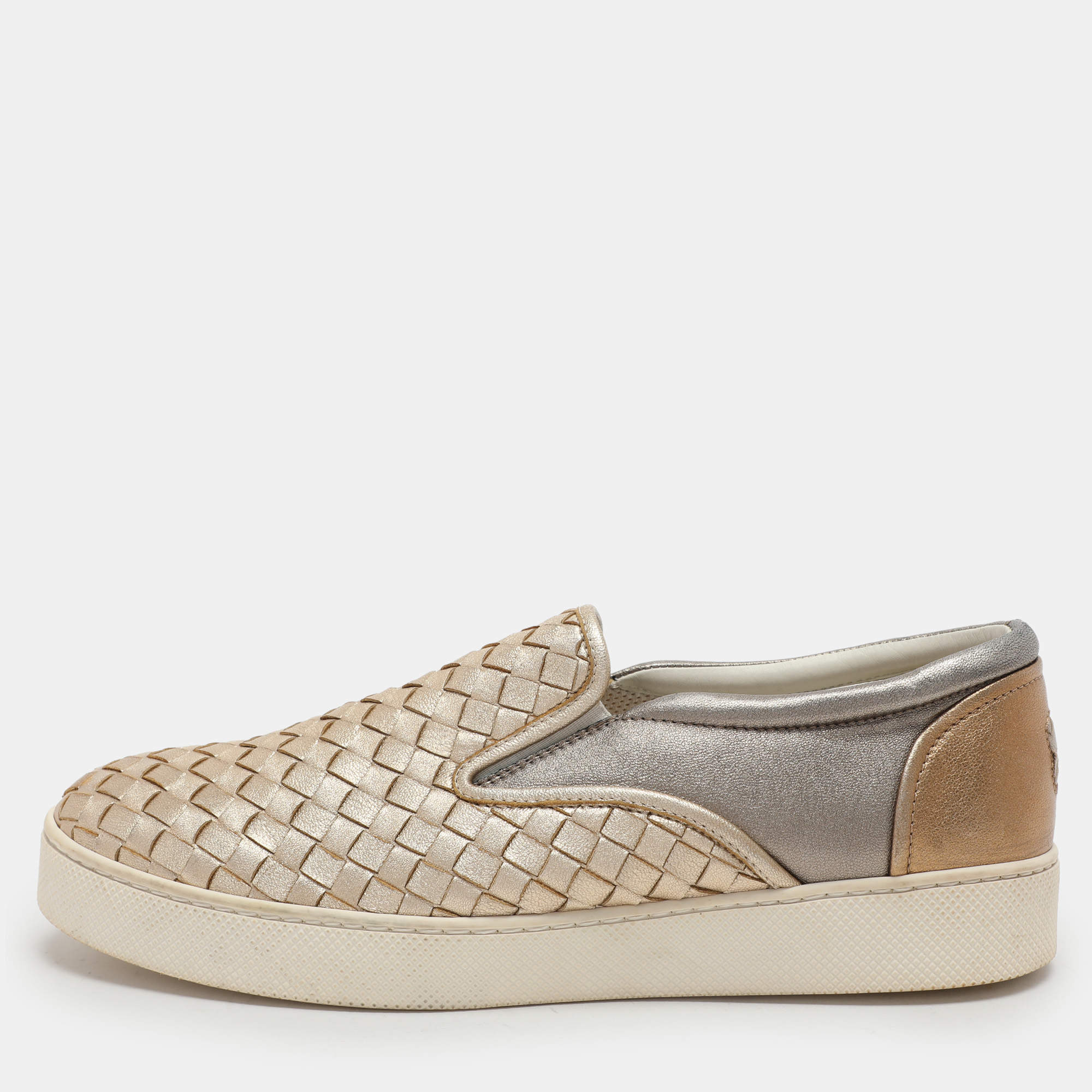 Bottega Veneta Gold/Silver Intrecciato Leather Dodger Slip On Sneakers Size 40