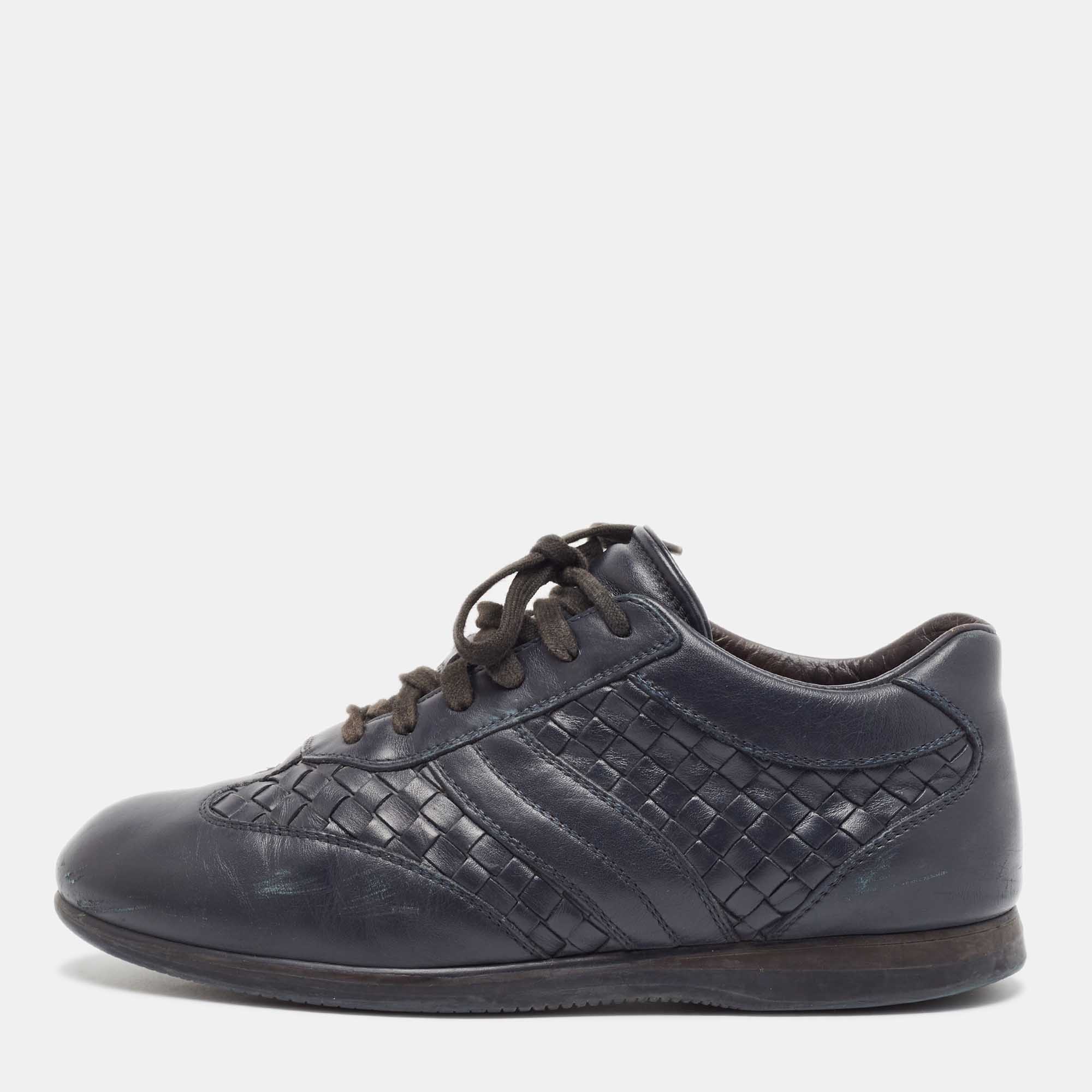 Pre Owned Bottega Veneta Navy Blue Intrecciato Lace Up Sneakers Size 41