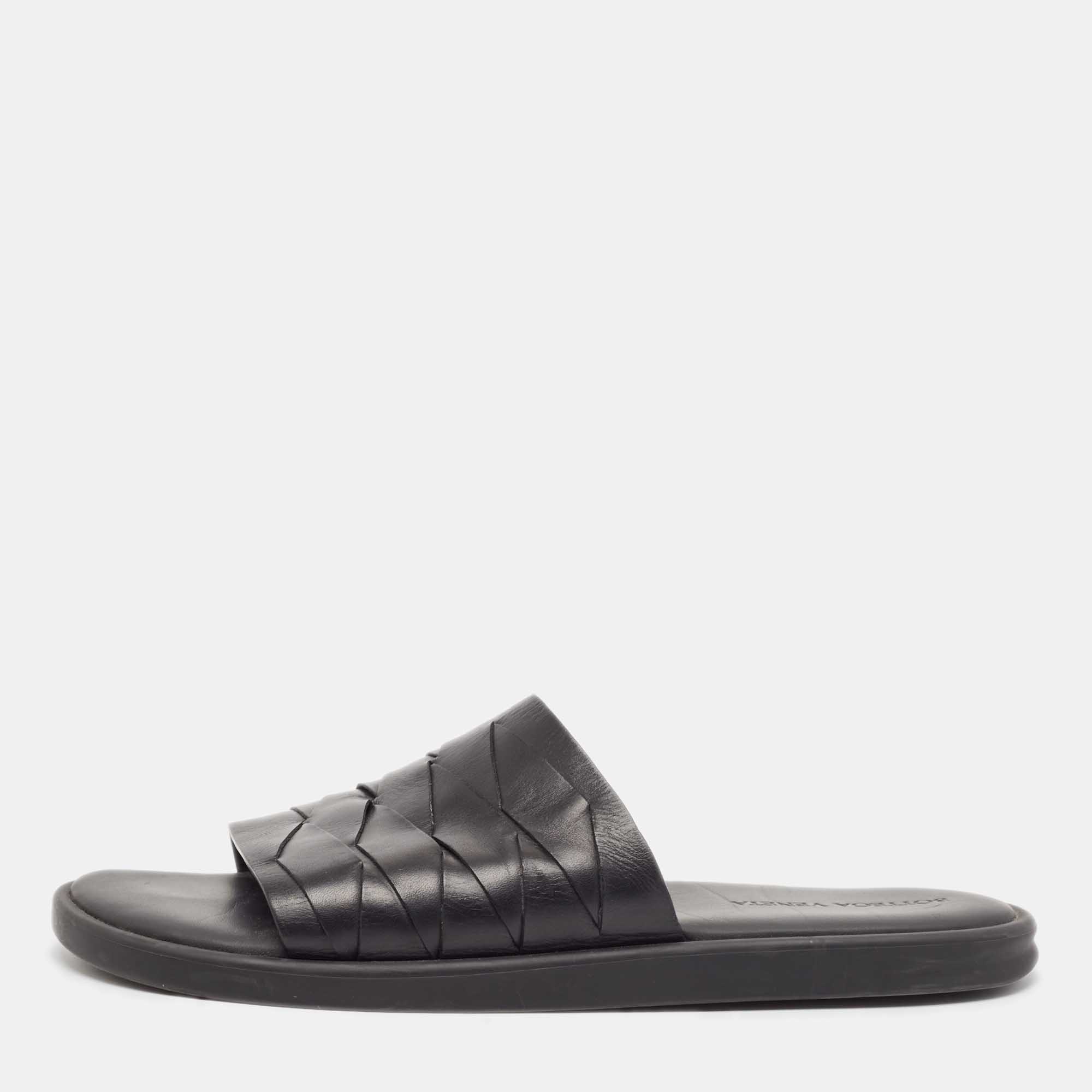 Bottega Veneta Black Leather Flat Slides Size 44