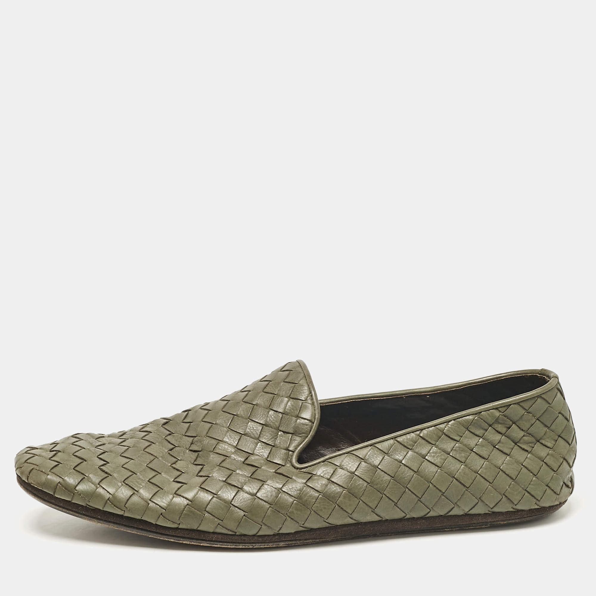 Pre Owned Bottega Veneta Green Intrecciato Leather Smoking Slippers Size 42