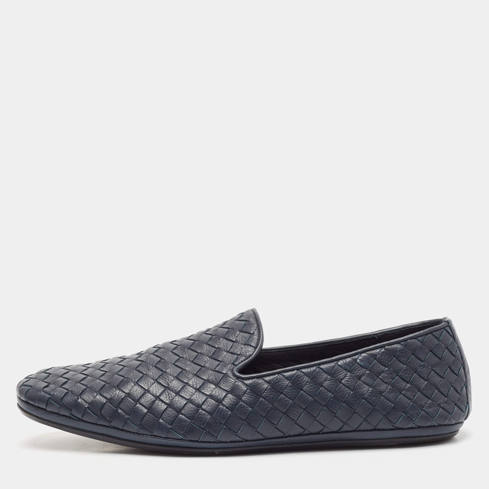 Pre Owned Bottega Veneta Navy Blue Intrecciato Leather Smoking Slippers Size 42