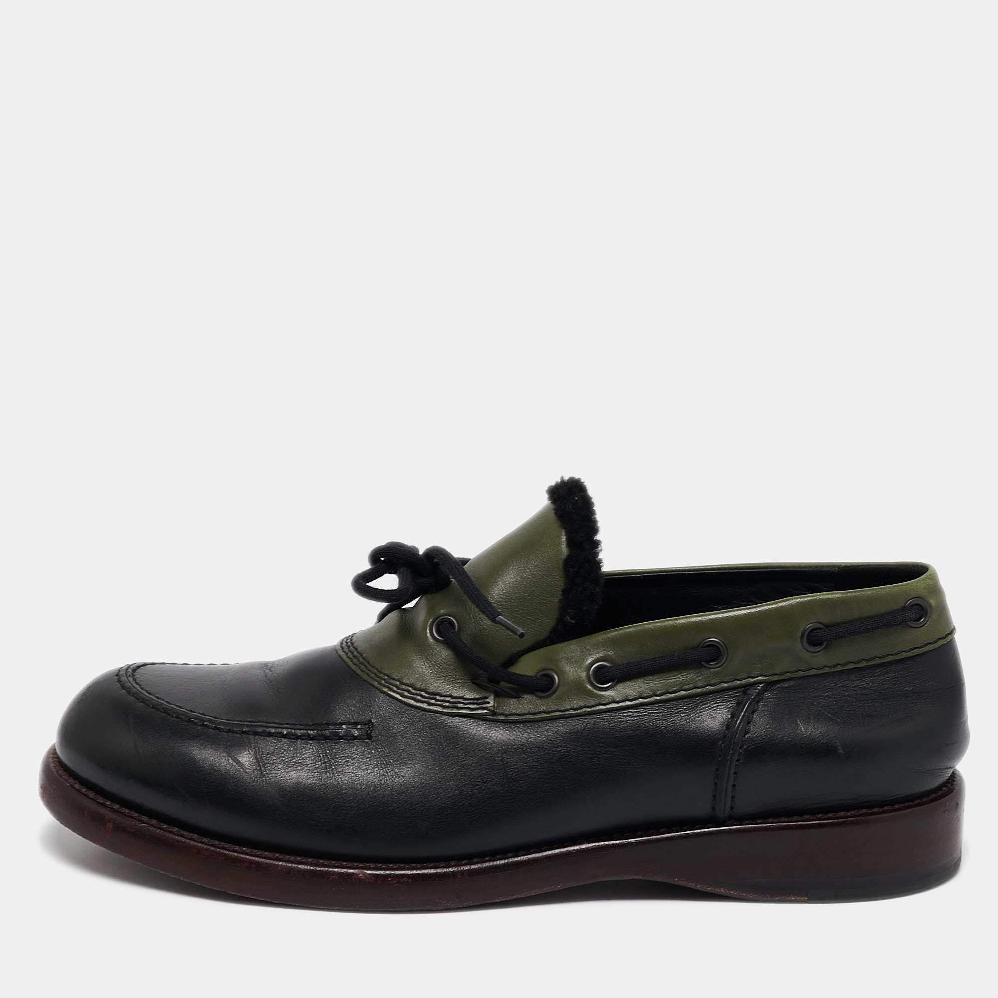 Bottega Veneta Black/Green Leather Slip On Loafers Size 42