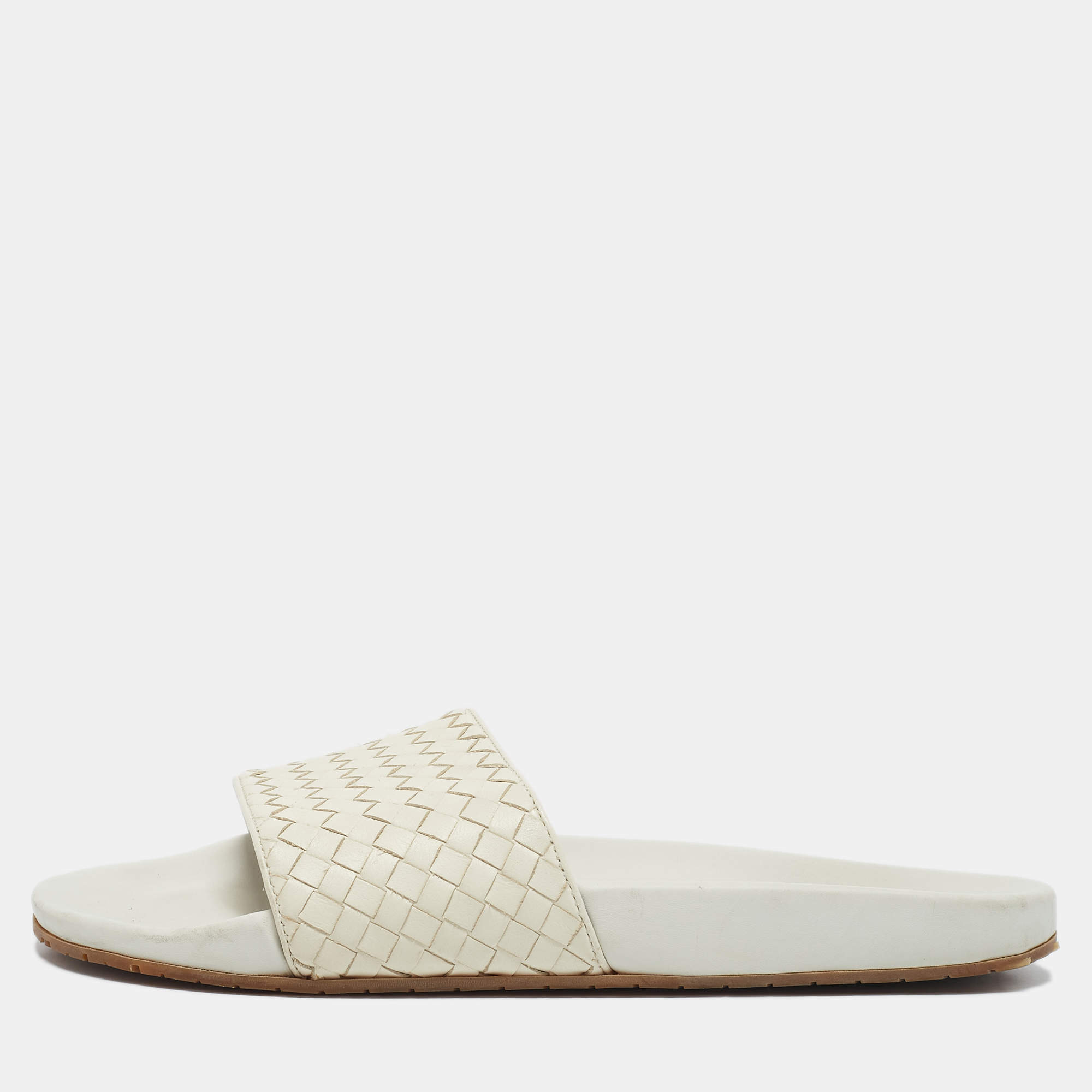 Bottega Veneta Cream Intrecciato Leather Lake Slide Sandals Size 45