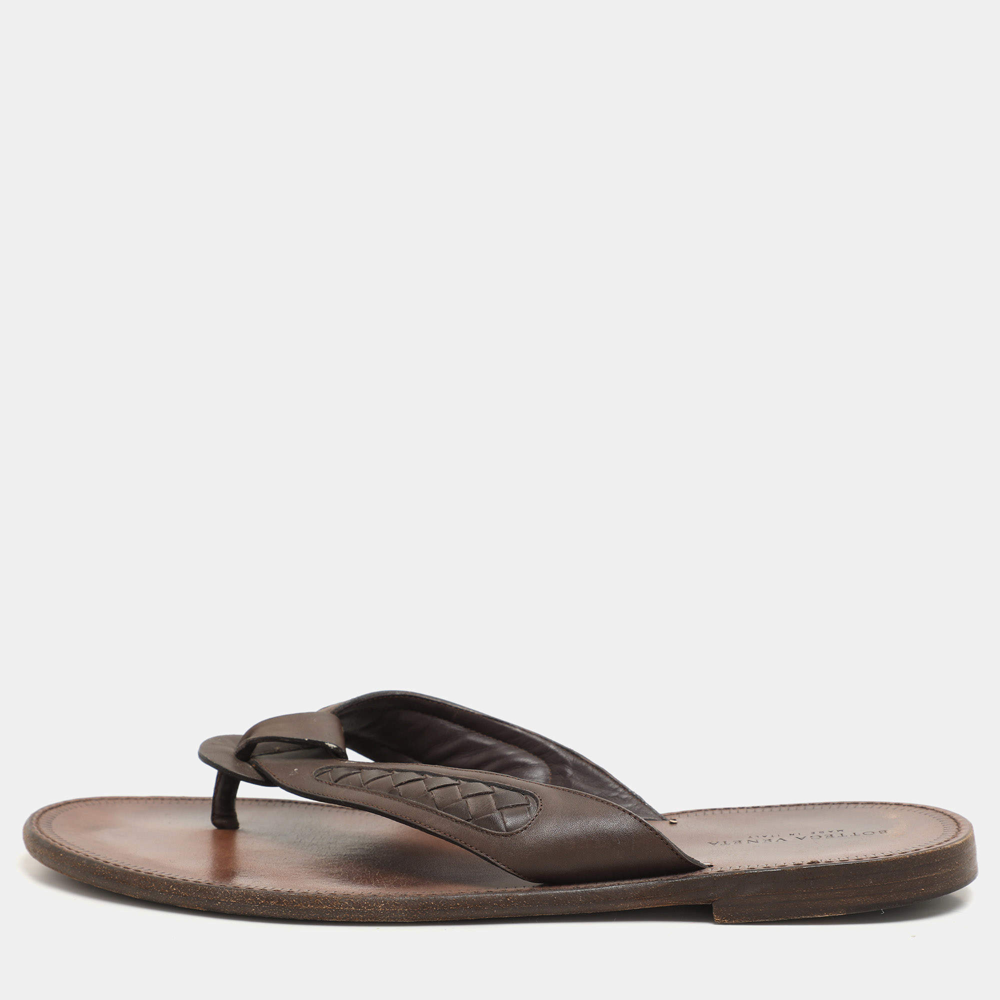 Pre Owned Bottega Veneta Brown Intrecciato Leather Thong Sandals Size 43
