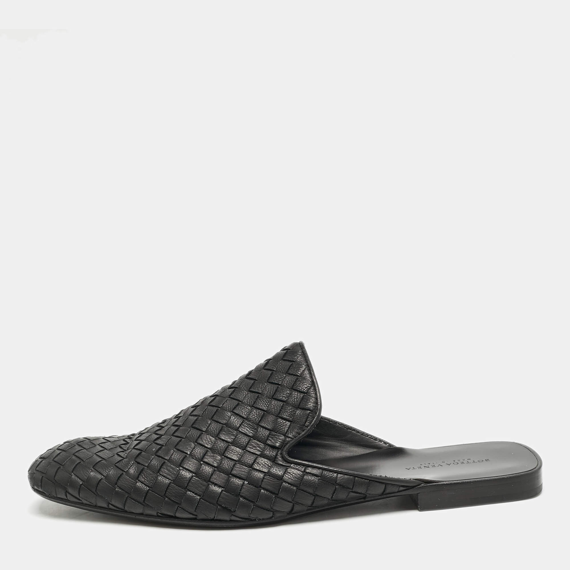 Bottega Veneta Black Intrecciato Leather Fiandra Flat Mules Size 42