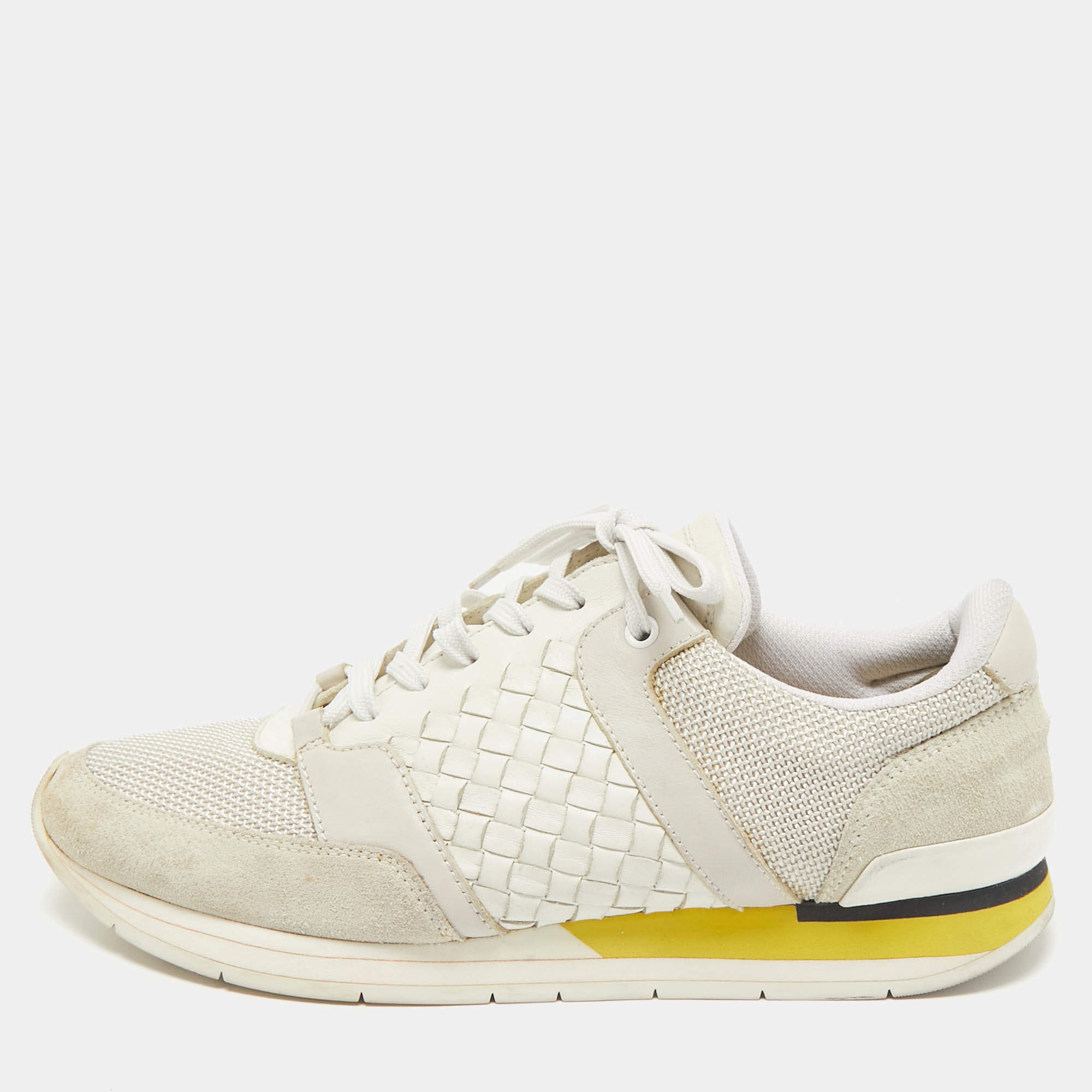 Bottega Veneta Cream/Grey Intrecciato Leather and Suede Lace Up Sneakers Size 42