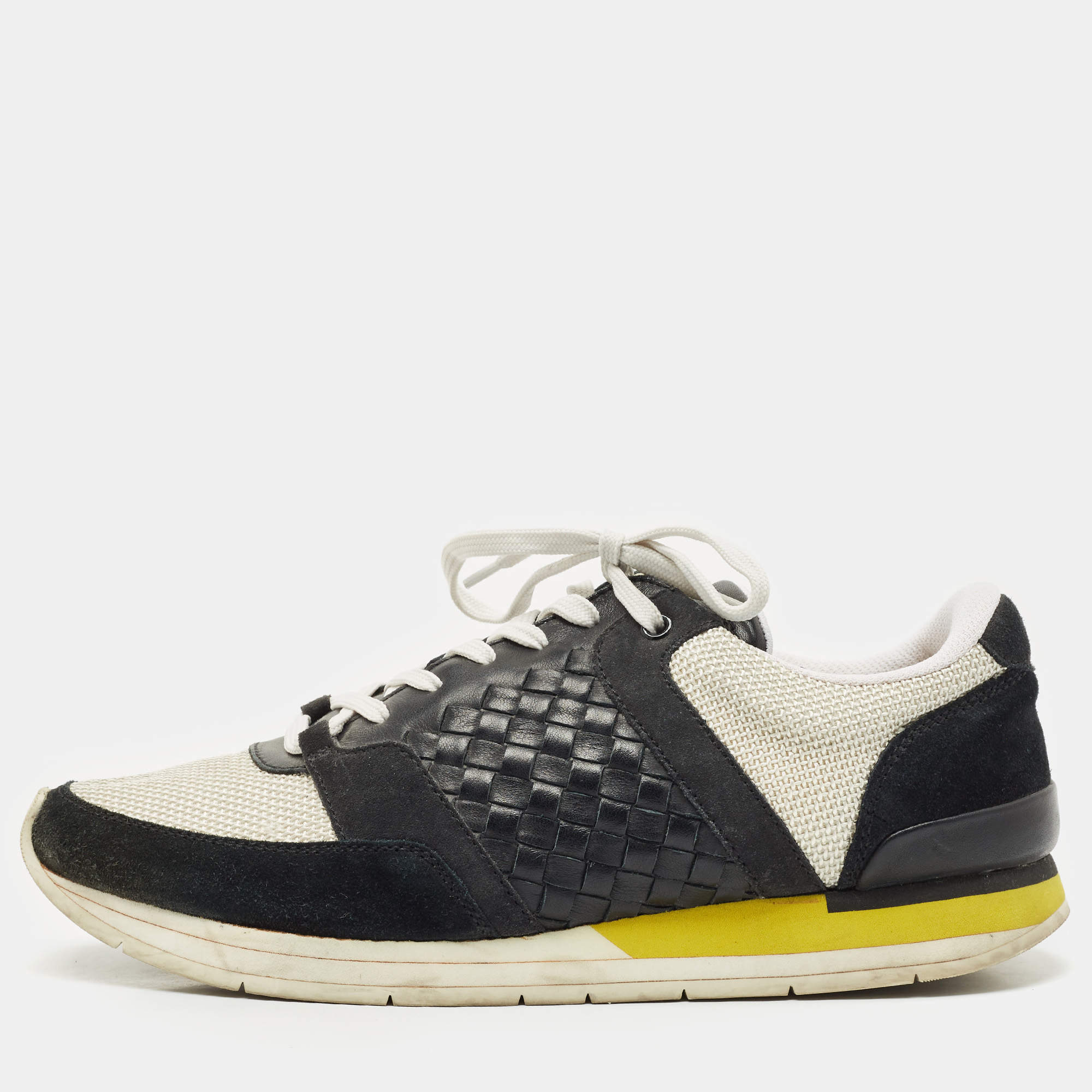 Bottega Veneta White/Black Intrecciato Leather and Suede Lace Up Sneakers Size 42