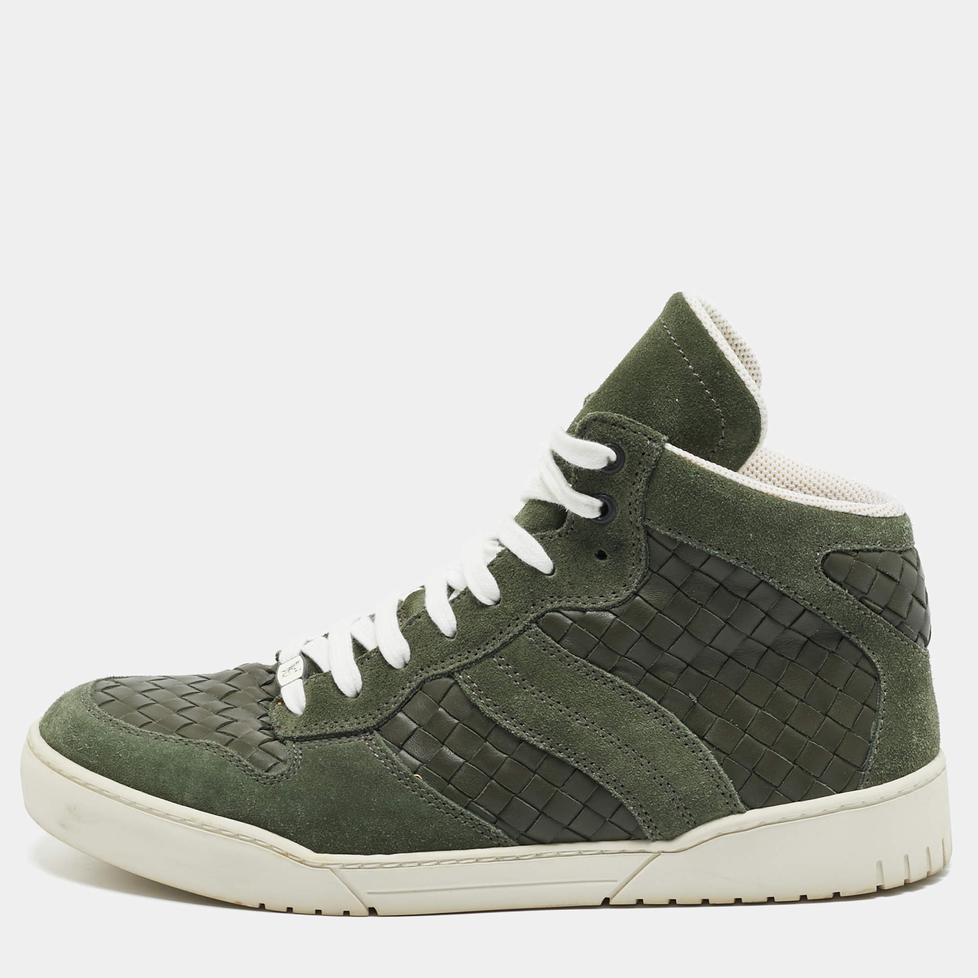 Pre Owned Bottega Veneta Olive Green Suede and Intrecciato Leather High Top Sneakers Size 42