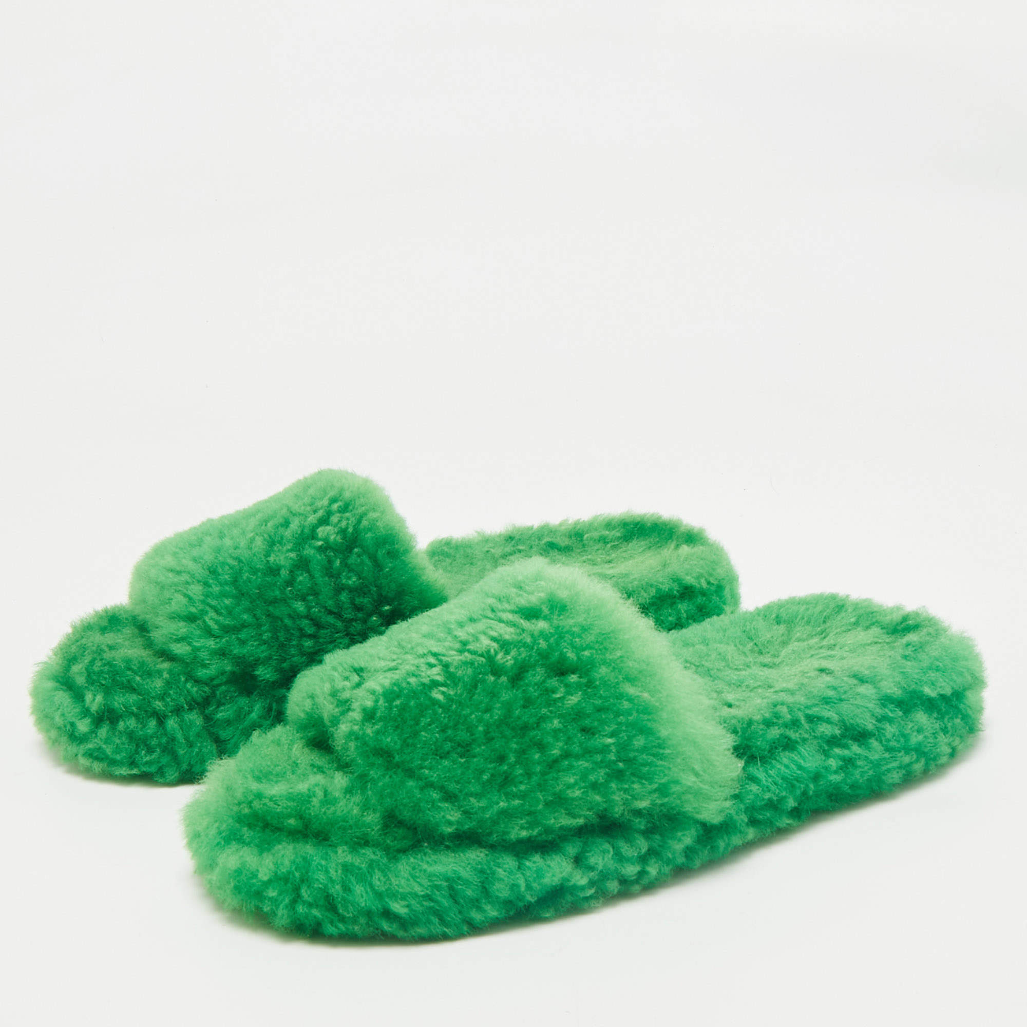 Bottega Veneta Green Shearling Fur Resort Teddy Slides Size 41