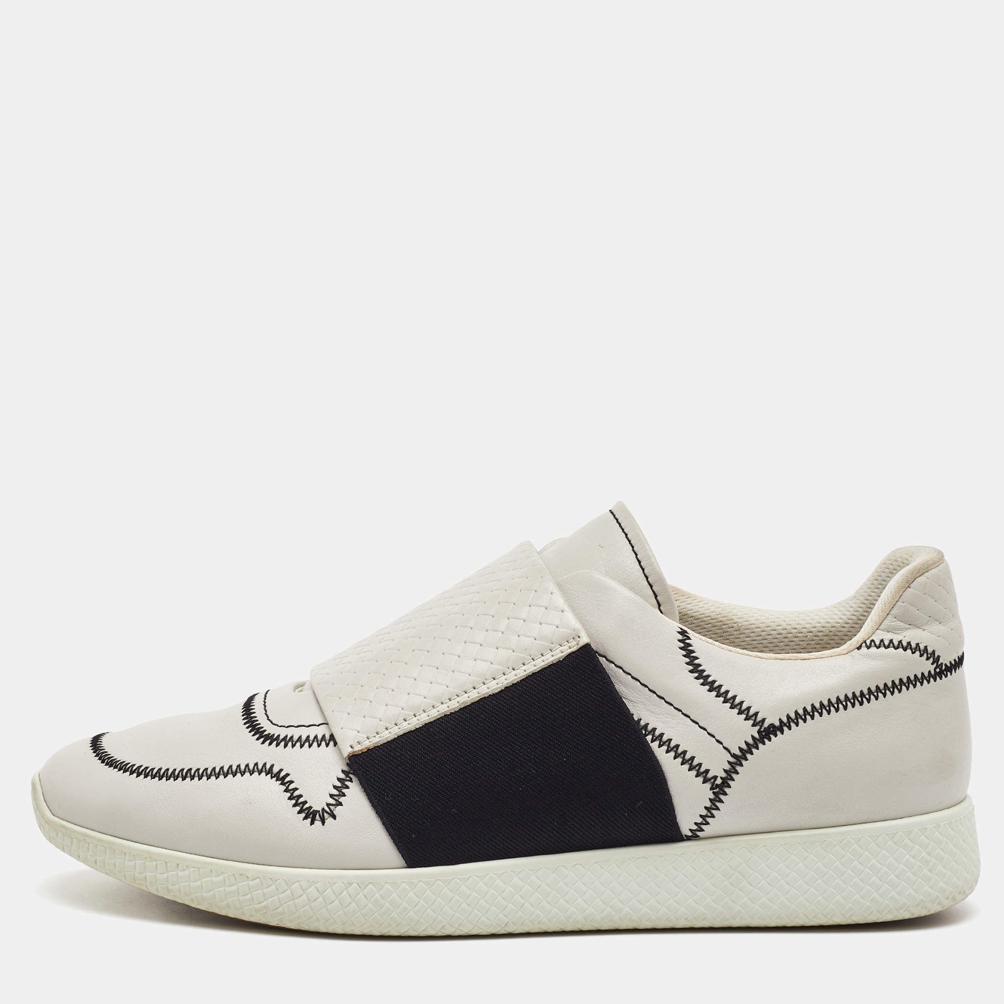 Pre Owned Bottega Veneta White Leather Intrecciato Slip On Sneakers Size 42.5