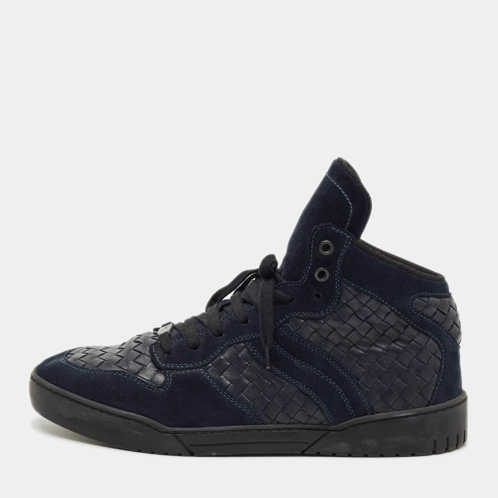 Pre Owned Bottega Veneta Navy Blue Suede and Intrecciato Leather High Top Sneakers Size 43