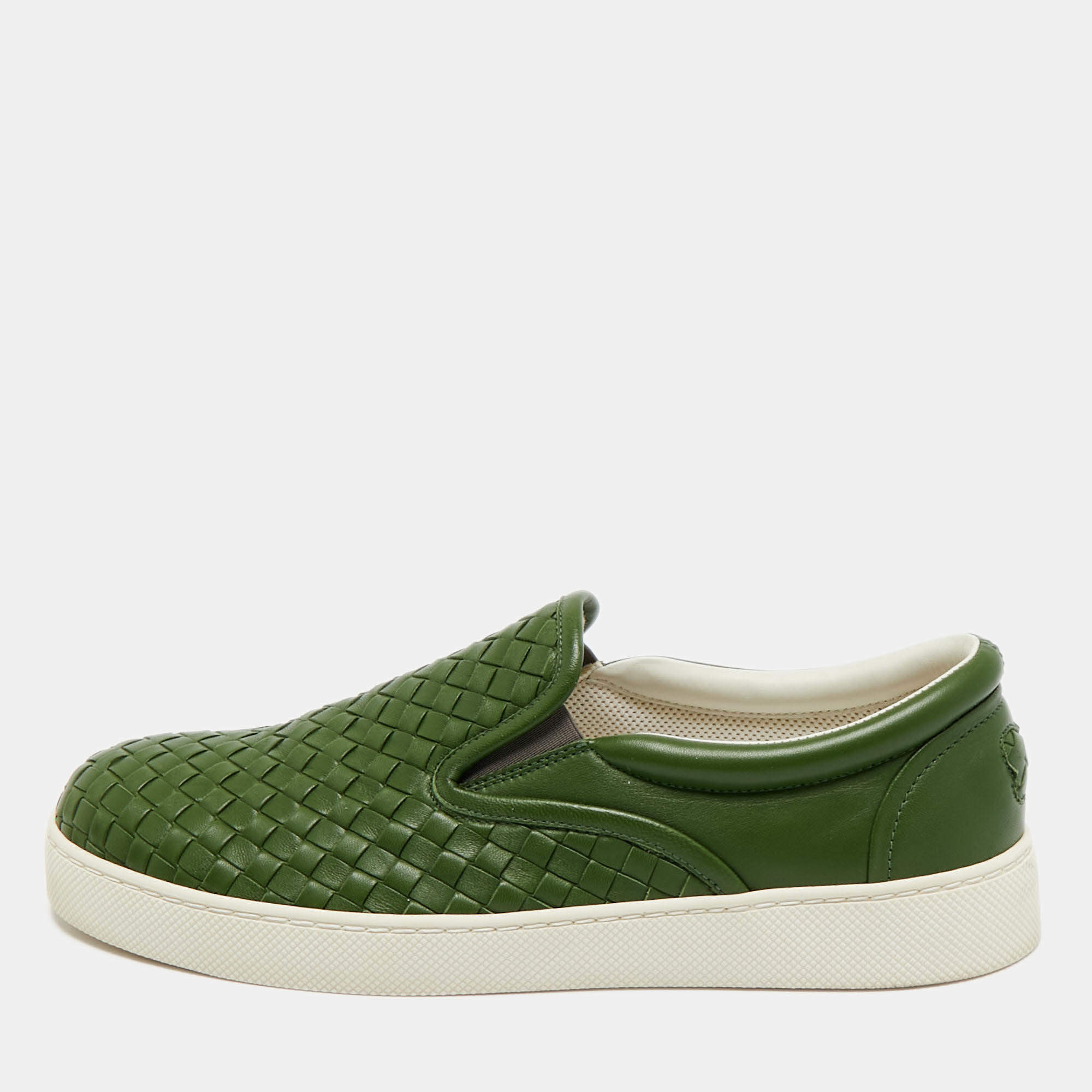 Pre Owned Bottega Veneta Green Intrecciato Leather Slip On Sneakers Size 42.5