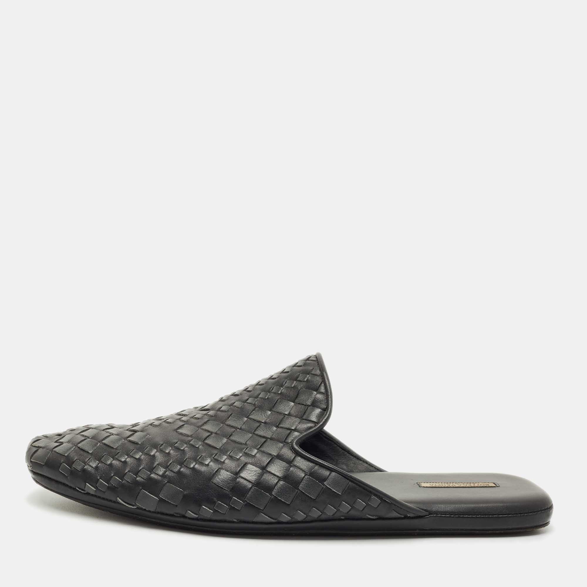 Pre Owned Bottega Veneta Black Intrecciato Leather Tubolare Mules Size 40