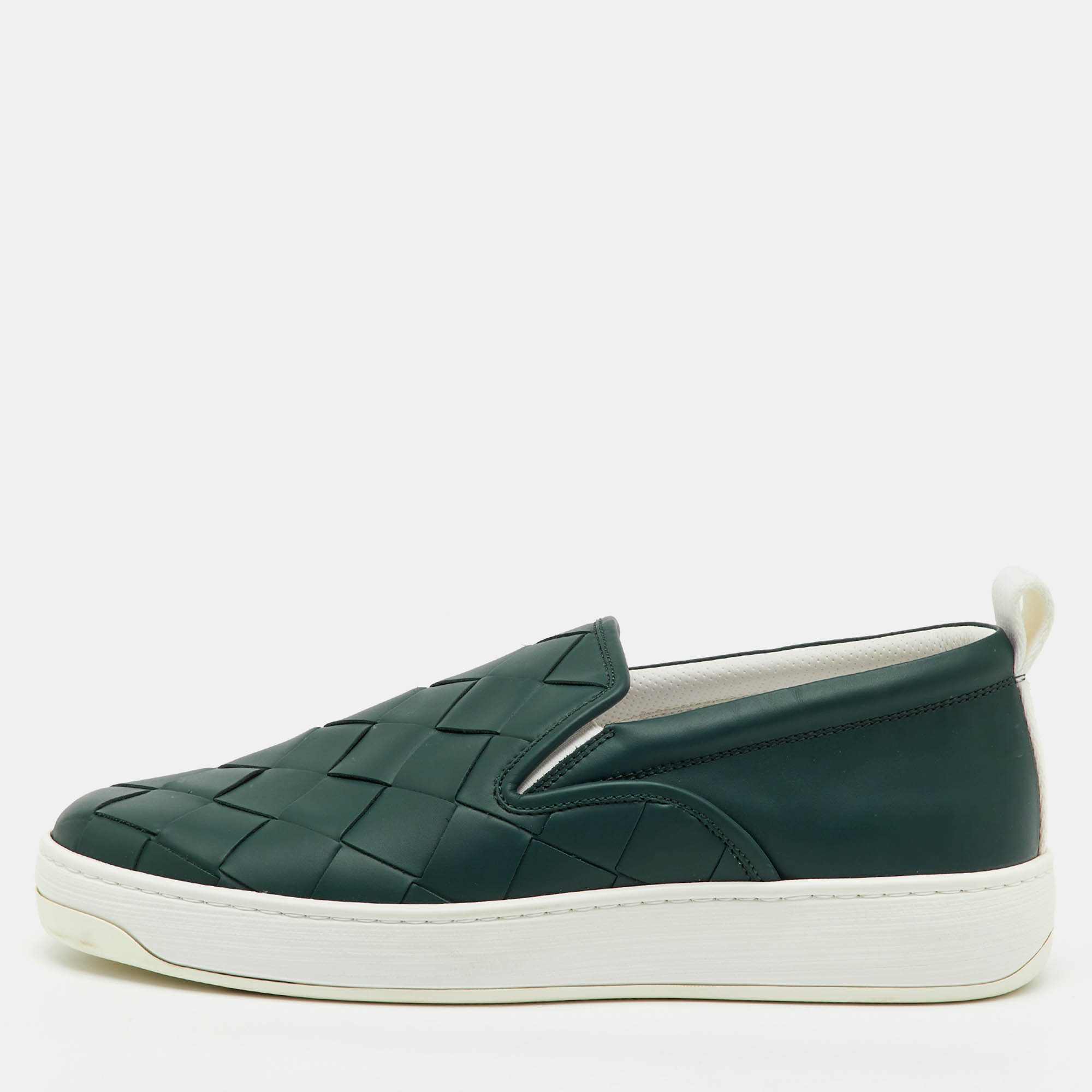 Pre Owned Bottega Veneta Dark Green Leather Dodger Slip On Sneakers Size 46